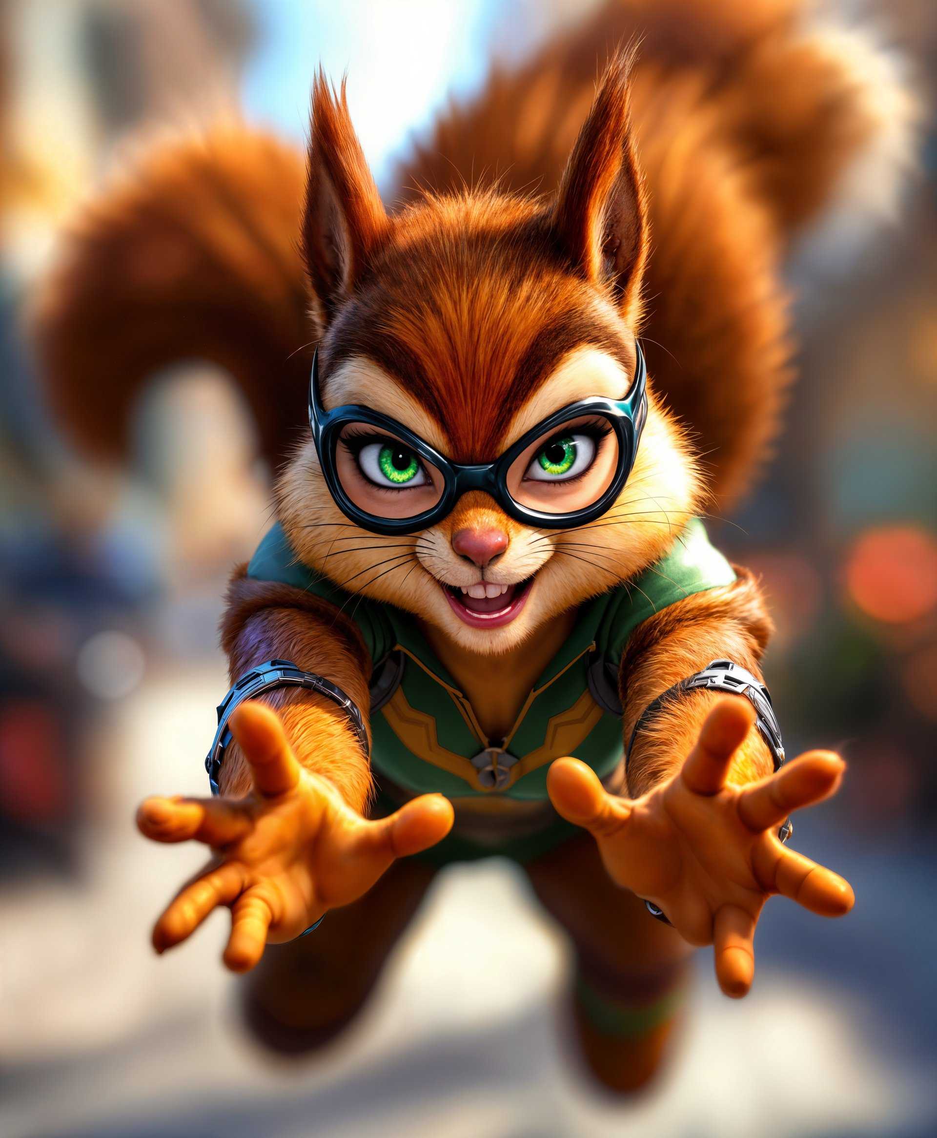 masterpiece, best quality, highres, sharp image, more detail, masterpiece, best quality, highres, sharp image, more detail, **Portrait of Squirrel Girl from Marvel Rivals in Action**

- **Visual Details**: Capture Squirrel Girl, also known as Doreen Green, in her vibrant superhero costume featuring shades of brown, green, and orange. Her costume should include her iconic squirrel tail and ears, meticulously textured to mimic real fur. Her eyes should gleam with determination, reflecting her playful yet heroic nature.

- **Style**: Render the portrait in a dynamic comic book style, with bold outlines, exaggerated expressions, and a vibrant color palette. Use techniques reminiscent of comic artists like Sara Pichelli or Humberto Ramos to give life to the character.

- **Composition**: Position Squirrel Girl at the center, using a slight Dutch angle to add dynamism. She's in mid-air, using her superhuman agility to leap towards the viewer, with her arms outstretched as if to summon or communicate with her squirrel allies. The background should be a blur of motion lines and abstracted cityscape.

- **Mood and Atmosphere**: The scene is set during a golden hour, with the sun casting long shadows and highlighting her silhouette against the backdrop. The atmosphere is electric, filled with the thrill of battle, yet there's an underlying sense of fun and optimism.

- **Technical Aspects**: Utilize depth of field to focus on Squirrel Girl, with her allies and the environment slightly out of focus. Employ motion blur to convey her super-speed and agility. The lighting should be high contrast, with rim lighting around her figure to separate her from the background, enhancing the comic book feel.

- **Cohesion**: Every element from the costume's texture to the dynamic movement and the comic book style should harmonize to create an action-packed, yet character-driven portrait of Squirrel Girl in her element, showcasing her unique powers and personality.