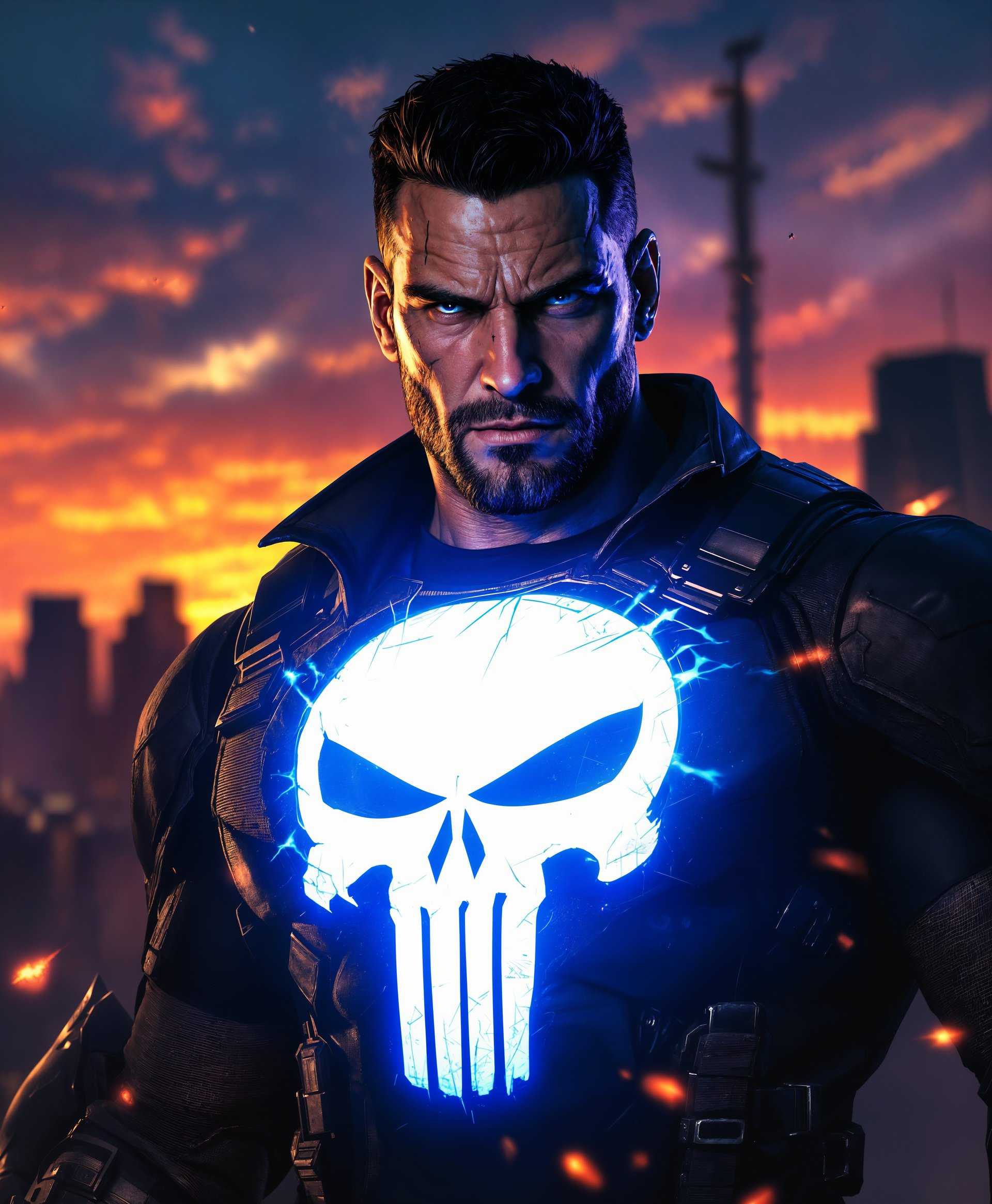 masterpiece, best quality, highres, sharp image, more detail, masterpiece, best quality, highres, sharp image, more detail, **A dynamic portrait of The Punisher from Marvel Rivals, showcasing his superhuman abilities:**

- **Visual Details:** The image captures The Punisher in mid-action, his iconic skull emblem on his chest glowing with a spectral blue light, casting an eerie illumination on his face. His eyes are narrowed in focus, with a steely determination. His outfit is tactical, heavily armored, with visible wear and tear, suggesting he has been through numerous battles. His skin is weathered, with scars, enhancing his gritty, battle-hardened appearance. 
- **Lighting:** The scene is set at twilight, with the last rays of sunlight casting long shadows and highlighting the blue glow of his powers. The backdrop features a city skyline, with buildings silhouetted against a fiery orange and purple sky.
- **Style:** Rendered in a high-contrast, neo-noir style with a touch of hyperrealism, emphasizing the dramatic lighting and the texture of materials like leather, metal, and fabric. The image should mimic the intense, action-packed scenes from graphic novels, with a slight comic book feel through the exaggerated lighting and shadows.
- **Composition:** The Punisher is positioned slightly off-center, looking directly at the viewer, creating an intense, confrontational atmosphere. His body is angled to suggest movement, as if he's about to spring into action or has just landed from a leap. The camera angle is low, looking up at him, adding to his imposing presence.
- **Mood and Atmosphere:** The mood is tense, with an air of imminent danger. The atmosphere is charged with energy, as if his super powers are about to unleash in full force. The environment is gritty, urban, with signs of recent conflict visible in the background, like bullet holes or debris.
- **Technical Aspects:** Utilize a shallow depth of field to keep The Punisher in sharp focus while the background blurs, enhancing the sense of depth. Employ HDRI techniques to capture the full dynamic range of lighting, ensuring the glowing skull emblem stands out. Use motion blur to indicate his rapid movement or the swirling energy around him.

**Prompt:** A hyperrealistic, neo-noir portrait of The Punisher from Marvel Rivals, showcasing his super powers with a glowing skull emblem, set against a twilight cityscape. The image should convey intense action, with high contrast lighting, tactical gear, and a gritty urban atmosphere. The composition focuses on his battle-hardened face, with low camera angle and shallow depth of field, capturing his movement and the energy of his powers in motion