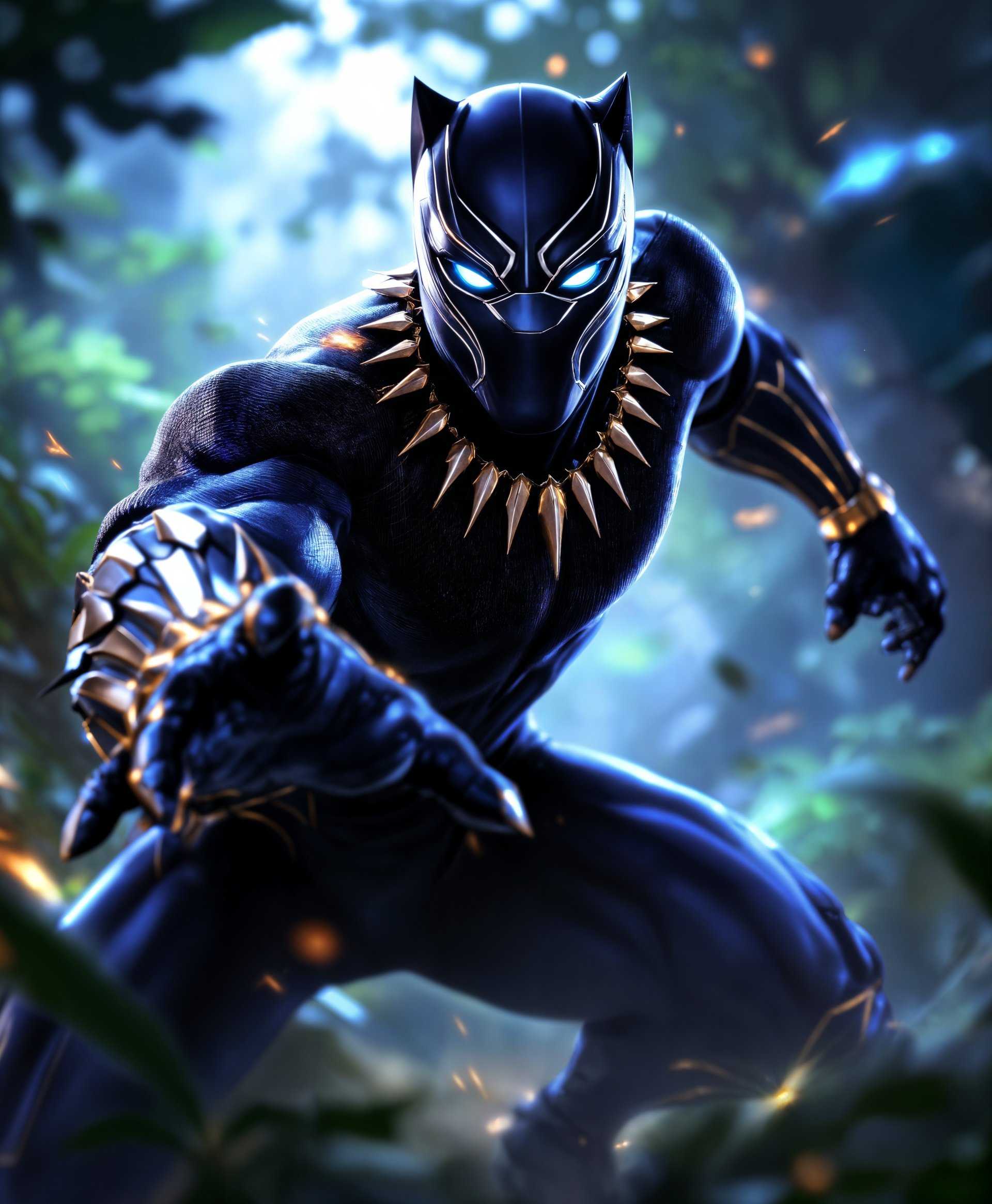 masterpiece, best quality, highres, sharp image, more detail, masterpiece, best quality, highres, sharp image, more detail, A dynamic, high-resolution portrait of Black Panther from the game Marvel Rivals, **in the midst of using his super powers**. 

- **Visual Details:** 
  - Black Panther's suit gleams with an intricate pattern of vibranium mesh, reflecting light in a way that suggests its near-indestructible nature. 
  - His eyes glow with a fierce determination, enhanced by a subtle, pulsating energy effect around them, indicating his use of superhuman abilities.
  - The background subtly hints at Wakanda with lush greenery and hints of advanced technology, but the focus remains on Black Panther.

- **Style:** 
  - The artwork should be rendered in a **hyper-realistic style** with a touch of **digital painting**, capturing the essence of both the game's graphics and the character's comic book origins.

- **Composition:** 
  - Black Panther is positioned centrally, in a **dynamic pose** that suggests movement, with one hand extended as if to unleash a power blast, and the other clenched in a fist, showcasing his strength.
  - The camera angle is from a low perspective, looking up at him to emphasize his heroic stature and power.

- **Mood and Atmosphere:** 
  - The atmosphere is charged with **electricity and tension**, as if the very air is crackling with his power. 
  - The lighting is dramatic, with shadows playing across his face to enhance the sense of depth and the moment's intensity.

- **Technical Aspects:** 
  - Utilize **chiaroscuro** to highlight Black Panther's features, creating a stark contrast between light and dark, emphasizing the dramatic scene.
  - Employ **motion blur** on the energy effects to show the speed and force of his powers, while keeping the rest of the image sharp and focused.

- **Cohesion:** 
  - The scene should feel like a still from an epic moment in the game, where Black Panther's powers are not just a spectacle but are integral to his character's essence, blending seamlessly with the game's aesthetic and narrative.