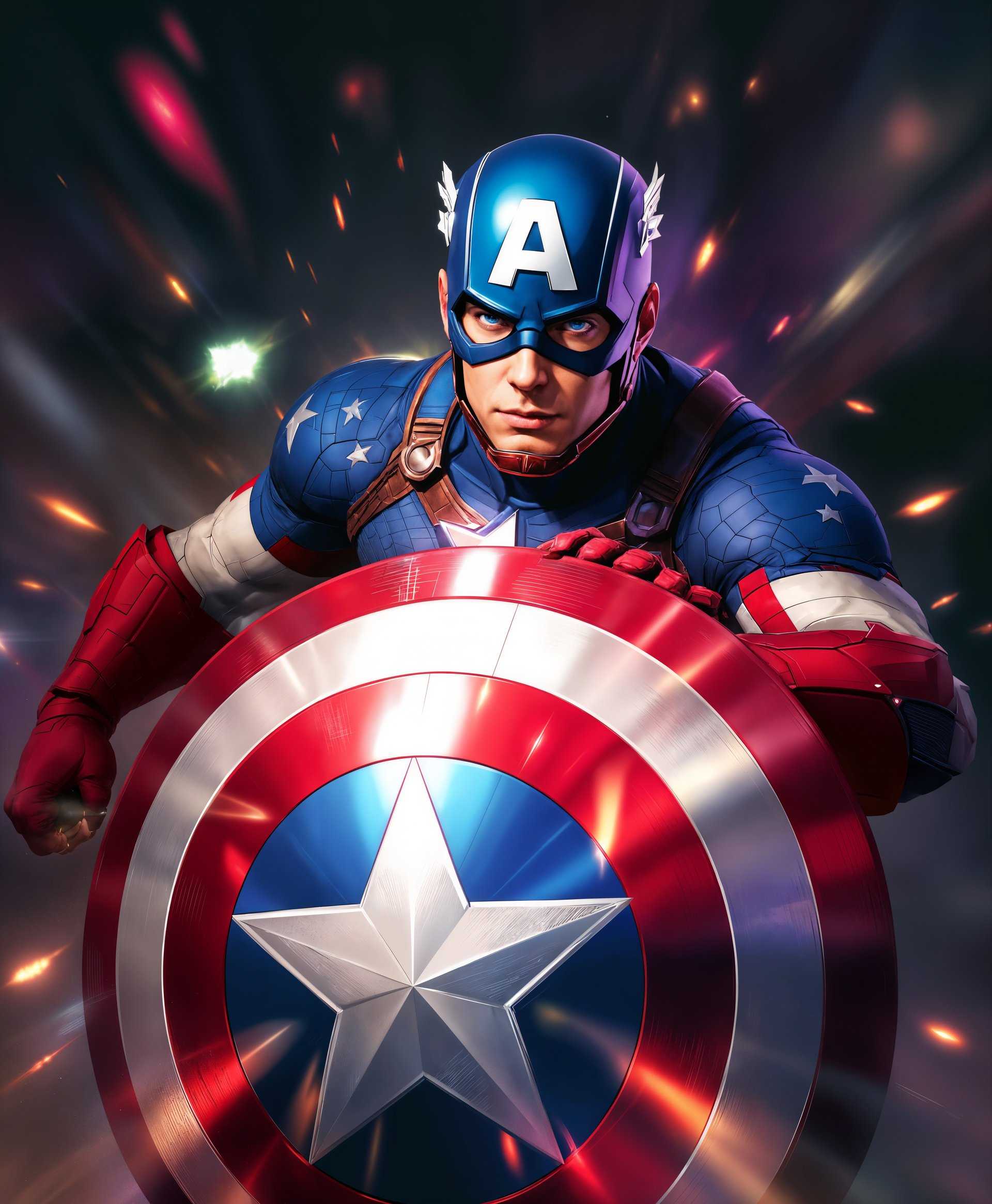masterpiece, best quality, highres, sharp image, more detail, masterpiece, best quality, highres, sharp image, more detail, Create an **Ultra High Definition** digital painting of **Captain America** from the game **Marvel Rivals**:

- **Visual Details**: 
  - Captain America, in his iconic blue, red, and white suit, vibrantly detailed with stars and stripes.
  - His shield, a central element, should be depicted with a metallic sheen, showcasing its vibranium composition with light reflections.
  - His eyes should gleam with determination, capturing the essence of his heroic spirit.
  - Muscles should be well-defined to highlight his physical prowess, with a dynamic pose that suggests movement or action.

- **Style**: 
  - The artwork should mimic the **comic book style** of Marvel Rivals, with bold lines, high contrast, and dynamic shading.
  - Incorporate elements of **heroic realism** to emphasize his superhuman abilities.

- **Composition**: 
  - Captain America should be positioned in a heroic pose, possibly mid-action, with his shield either deflecting an attack or in the midst of a throw.
  - Camera angle should be slightly from below to emphasize his larger-than-life presence, giving a sense of looking up to a hero.

- **Mood and Atmosphere**: 
  - The scene should be charged with energy, suggesting an epic battle or heroic moment.
  - Use a **cinematic lighting** effect with a dramatic, focused light source that highlights Captain America, casting dramatic shadows around him.

- **Technical Aspects**: 
  - Utilize **hyper-realistic textures** for the shield and costume, with attention to fabric folds, metallic surfaces, and skin texture.
  - Employ **digital painting techniques** like layering, blending modes, and detailed brushwork to achieve a rich, multi-dimensional look.

- **Cohesion**: 
  - The background should subtly suggest a battlefield or an urban setting from Marvel Rivals, with blurred, out-of-focus elements to keep the focus on Captain America.
  - Ensure that the color palette integrates well with the overall scene, balancing the vibrancy of his costume with the backdrop to create a unified, visually compelling image.
