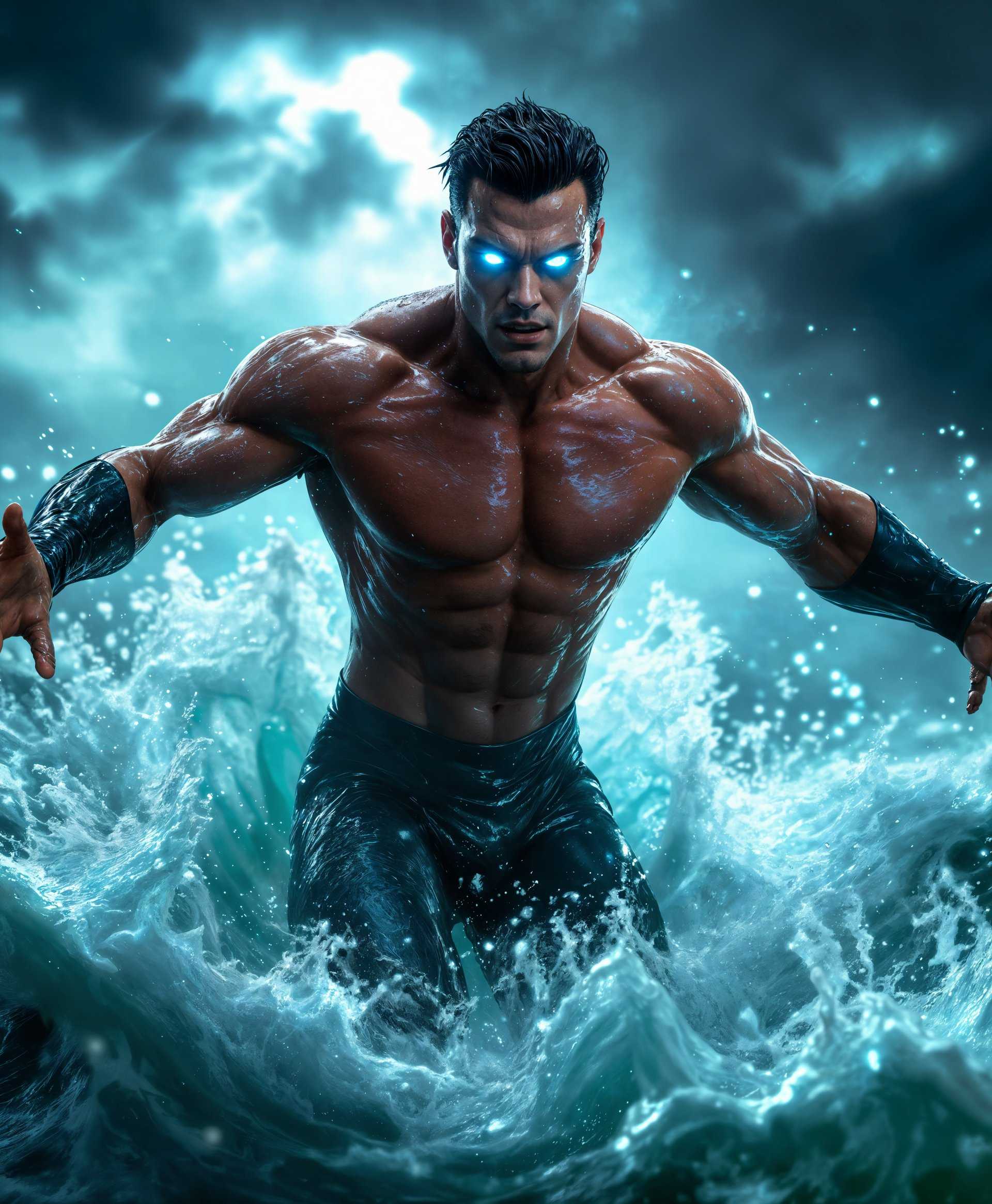 masterpiece, best quality, highres, sharp image, more detail, masterpiece, best quality, highres, sharp image, more detail, Cinematic portrait of Namor from Marvel Rivals, depicted in a **dynamic action pose** showcasing his **superpowers**. His **regal and fearsome presence** is highlighted by **glistening, wet skin** with **subtle aquatic textures**; his eyes glow with an **intense, otherworldly blue** light. The scene captures him **summoning a tidal wave** with his **arms outstretched**, the water's **translucent, fluid** nature is accentuated by **vivid, saturated colors** of deep blues and greens, with **subtle bioluminescent effects** around his figure. The **background** features a **stormy sky** with **dramatic, overcast lighting**, creating a **moody atmosphere** with **high contrast** to emphasize Namor's **superheroic power**. The **photography style** is **action-packed**, reminiscent of **cinematic stills** from a blockbuster superhero film, with a **wide-angle lens** to capture the grandeur of the scene, and **shallow depth of field** to focus on Namor while the background slightly blurs, enhancing the sense of movement and power. The **artistic style** is **hyper-realistic** with **fantasy elements**, evoking the **majesty and mythos** of Namor, ensuring a **cohesive and awe-inspiring portrayal**.