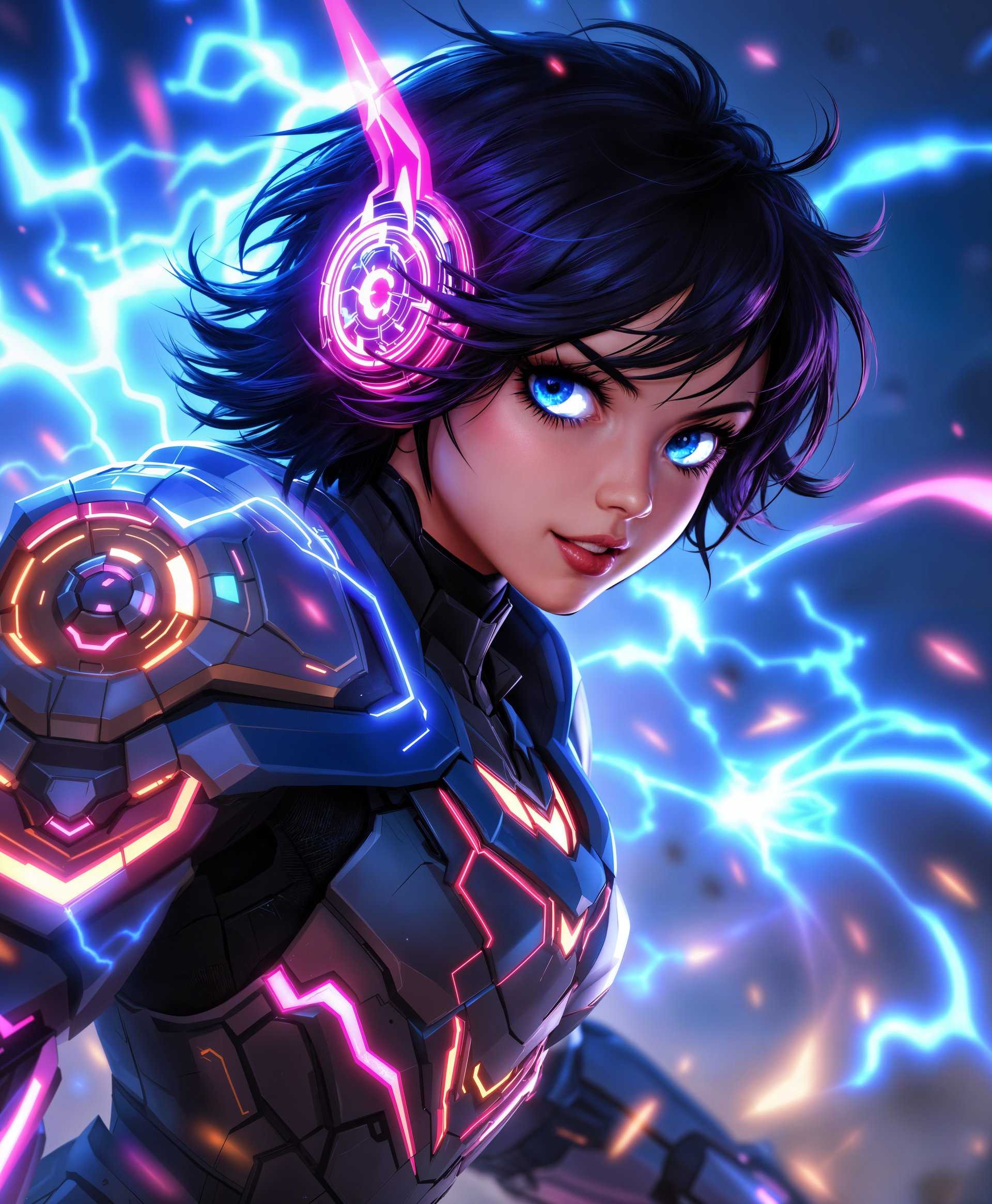 masterpiece, best quality, highres, sharp image, more detail, masterpiece, best quality, highres, sharp image, more detail, **Prompt:**

Create an awe-inspiring portrait of Peni Parker from *Marvel Rivals* mid-battle, showcasing her in her iconic mech suit, SP//dr, with a dynamic display of her superpowers:

- **Visual Details:** 
  - Peni Parker's features should be youthful yet determined, with her eyes glowing with a brilliant, otherworldly light reflecting her connection to the SP//dr suit.
  - The suit should be intricately detailed with a mix of futuristic technology and anime-inspired design, featuring glowing circuits, holographic interfaces, and sleek, angular forms.
  - Emit a vivid array of colors from her powers, with electric blue and neon pink streaks enveloping her, highlighting her movements in a dance of light and energy.

- **Style:** 
  - Capture the essence of a high-definition video game still, with a slight anime influence, reminiscent of the vibrant and dynamic art style of *Marvel Rivals*.
  - Use a hyper-realistic rendering technique with exaggerated light effects to emphasize the power and intensity of her abilities.

- **Composition:** 
  - Frame Peni in a dynamic pose, capturing her in mid-action, perhaps launching an energy blast or weaving through obstacles with agility.
  - Utilize a low-angle shot to enhance her heroic stature, with the camera capturing the full extent of her suit's power display.
  - Background elements should be blurred, with streaks of light and shadows suggesting a fast-paced, chaotic environment of a battle scene.

- **Mood and Atmosphere:** 
  - Convey an atmosphere of high-energy action, with a sense of impending victory, as if the tide of battle is turning in her favor.
  - Lighting should be dramatic, with harsh, contrasting shadows and bright highlights to underscore the intensity of the moment.
  - The time of day should be twilight, with the sky behind her transitioning from day to night, symbolizing the shift from normalcy to the extraordinary.

- **Technical Aspects:**
  - Utilize depth of field to focus on Peni while allowing the background to blur, creating a sense of depth and movement.
  - Implement lens flares and particle effects to simulate the dynamic energy of her powers interacting with the environment.
  - Consider using a high shutter speed to freeze the action, capturing the exact moment of power release.

- **Cohesion:** 
  - Ensure that all elements, from the lighting to the colors, to the composition, work in harmony to create a believable, immersive scene that feels both part of the *Marvel Rivals* universe and a unique