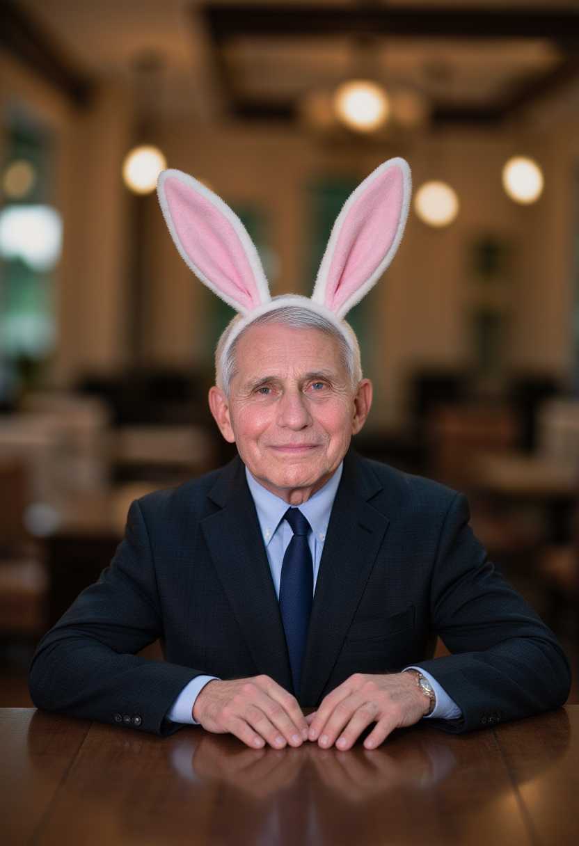 photo of an elderly man with rabbit ears in a British pub