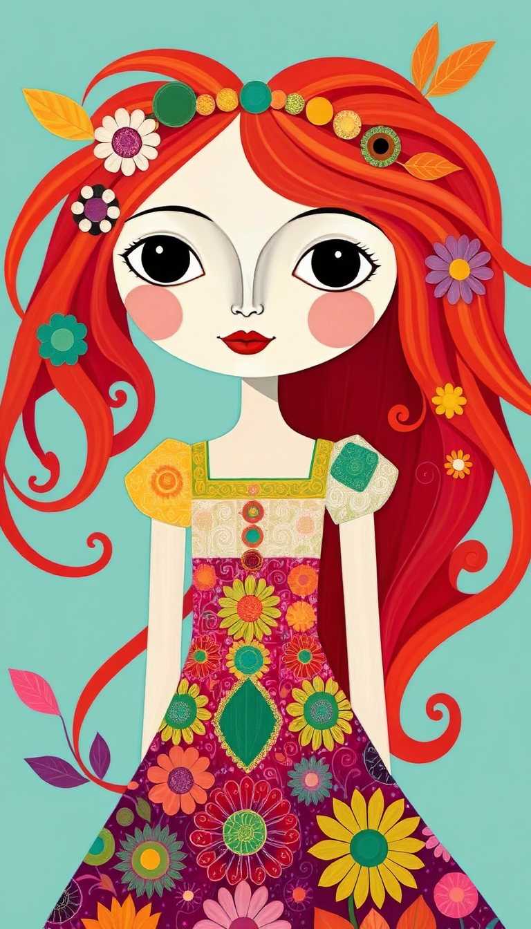 This image is a stylized illustration of a character with a whimsical and fantastical aesthetic. The art style is reminiscent of pop surrealism, with a focus on exaggerated features and a playful, imaginative approach to the subjects appearance and surroundings.The medium appears to be digital, given the smooth gradients and lack of texture that are common in digital artwork. The use of color is vibrant and bold, with a palette that includes bright reds, oranges, yellows, greens, blues, and pinks. The contrast between the warm tones of the hair and the cooler colors of the dress creates a visually striking effect.The character has long, flowing red hair that cascades in waves and curls, adorned with various patterns and embellishments such as polka dots, stripes, and floral motifs. The hair is detailed with shading and highlights that give it a threedimensional appearance, and it seems to be animated, as if caught in a gentle breeze.The character is wearing a dress that is a kaleidoscope of patterns and colors. The bodice of the dress is a shortsleeved, squareneck design with a turquoise base and is embellished with a lively mix of pink, yellow, and green flowers, along with swirling designs and small polka dots. The skirt portion of the dress is a bright pink with a similar floral pattern, creating a cohesive and eyecatching ensemble.The background is a soft pink with a subtle striped pattern that complements the characters hair and dress. The stripes are thin and evenly spaced, providing a gentle texture that contrasts with the characters more pronounced and detailed features.Throughout the image, there are small, whimsical details that add to the overall charm and fantasy of the piece. These include small, circular motifs that resemble planets or celestial bodies scattered across the dress, and a few scattered butterflies that contribute to the magical atmosphere.The overall effect is one of enchantment and creativity, with a character that is both endearing and otherworldly. The artwork invites viewers into a playful and imaginative world, encouraging them to appreciate the beauty and joy found in fantasy and whimsy.