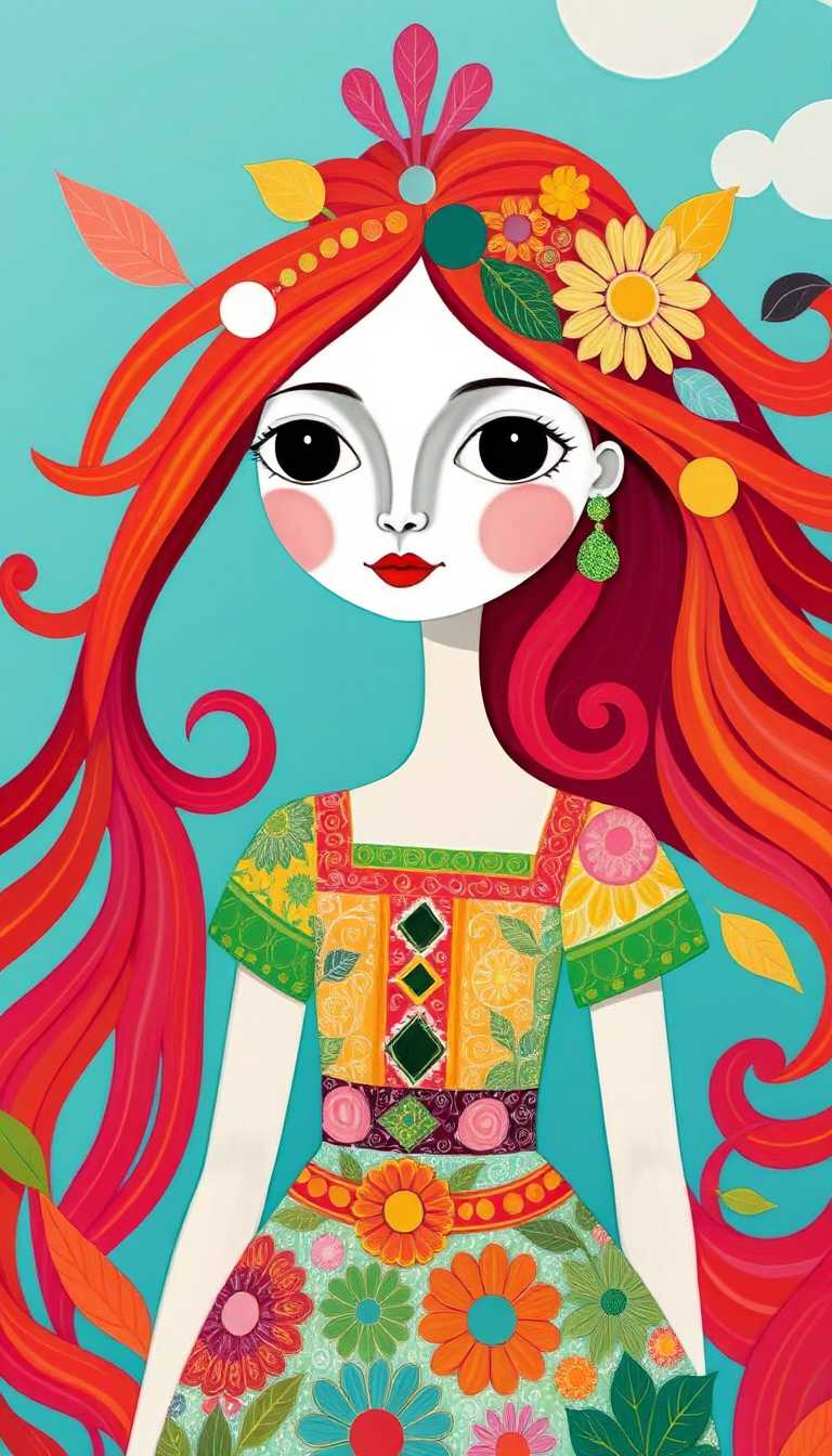 This image is a stylized illustration of a character with a whimsical and fantastical aesthetic. The art style is reminiscent of pop surrealism, with a focus on exaggerated features and a playful, imaginative approach to the subjects appearance and surroundings.The medium appears to be digital, given the smooth gradients and lack of texture that are common in digital artwork. The use of color is vibrant and bold, with a palette that includes bright reds, oranges, yellows, greens, blues, and pinks. The contrast between the warm tones of the hair and the cooler colors of the dress creates a visually striking effect.The character has long, flowing red hair that cascades in waves and curls, adorned with various patterns and embellishments such as polka dots, stripes, and floral motifs. The hair is detailed with shading and highlights that give it a threedimensional appearance, and it seems to be animated, as if caught in a gentle breeze.The character is wearing a dress that is a kaleidoscope of patterns and colors. The bodice of the dress is a shortsleeved, squareneck design with a turquoise base and is embellished with a lively mix of pink, yellow, and green flowers, along with swirling designs and small polka dots. The skirt portion of the dress is a bright pink with a similar floral pattern, creating a cohesive and eyecatching ensemble.The background is a soft pink with a subtle striped pattern that complements the characters hair and dress. The stripes are thin and evenly spaced, providing a gentle texture that contrasts with the characters more pronounced and detailed features.Throughout the image, there are small, whimsical details that add to the overall charm and fantasy of the piece. These include small, circular motifs that resemble planets or celestial bodies scattered across the dress, and a few scattered butterflies that contribute to the magical atmosphere.The overall effect is one of enchantment and creativity, with a character that is both endearing and otherworldly. The artwork invites viewers into a playful and imaginative world, encouraging them to appreciate the beauty and joy found in fantasy and whimsy.