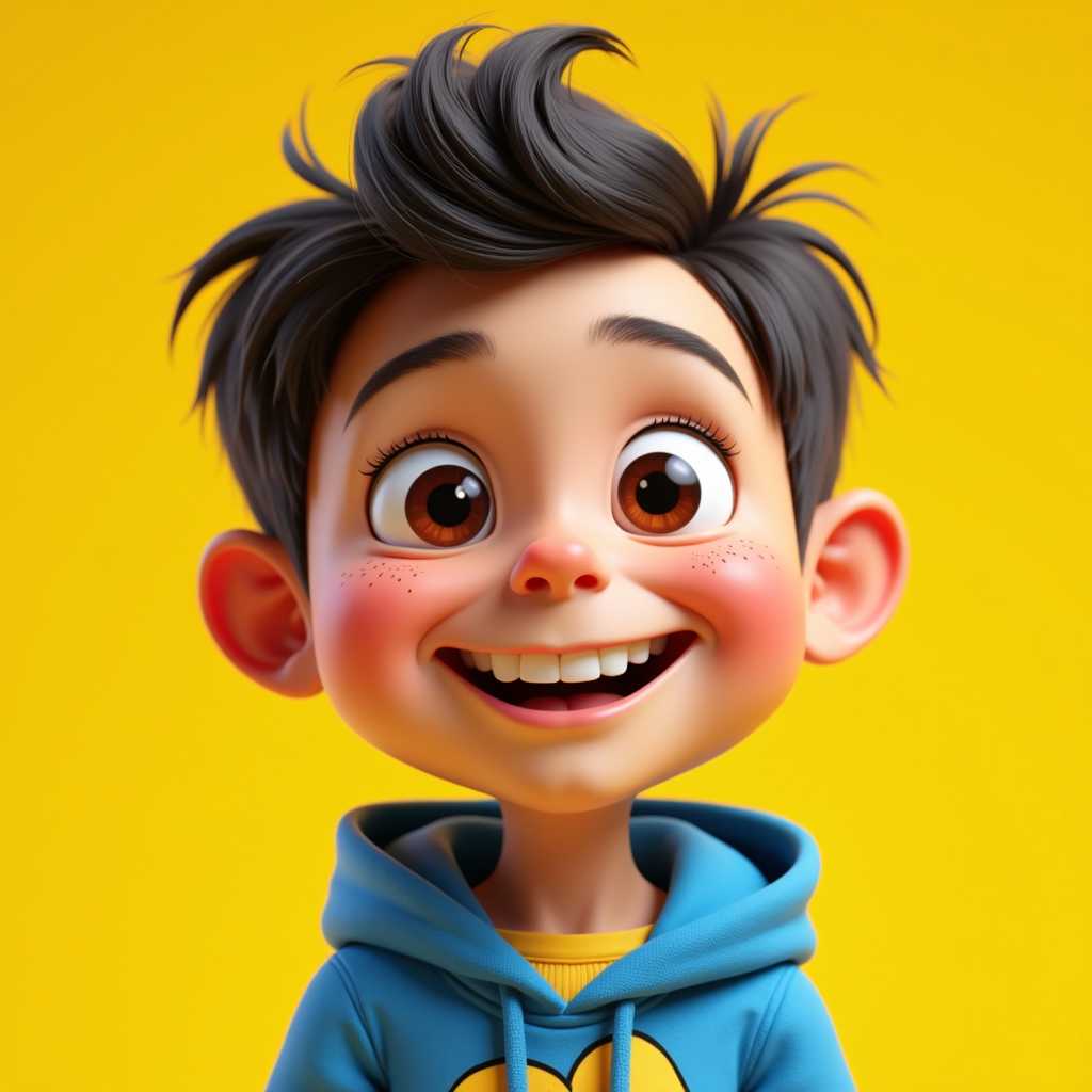  A 3D caricature of a young boy with exaggerated features, set against a vibrant yellow backdrop. He has a round, chubby face with oversized, curious eyes and a wide grin showing a missing tooth. His short, messy hair sticks out playfully, and he wears a blue hoodie with a playful cartoon print. Freckles scatter across his cheeks, adding a youthful charm. The design is humorous and draws inspiration from artists like Alberto Mielgo and Carlos Grangel, focusing on exaggerated proportions and expressive details. The 3D render includes realistic textures and lighting, with directional light accentuating the playful details of his expression. The yellow background enhances the cheerful and lively tone of the character.