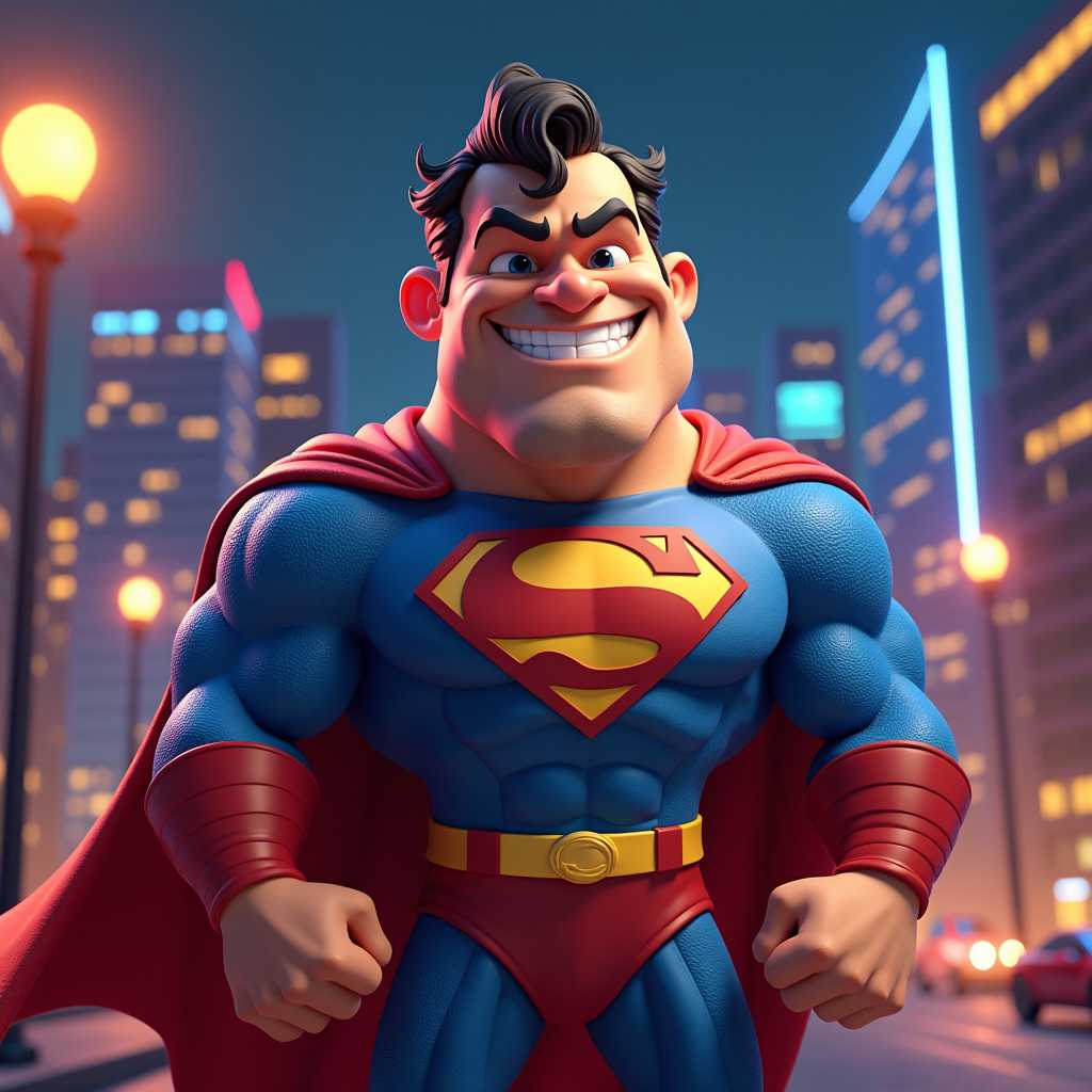 A 3D caricature of a superhero with exaggerated features, set against a vibrant, glowing cityscape backdrop at night. The superhero has a massive, square jaw, bulging muscles, and an overly confident grin. He wears a bright red and blue costume with a cape billowing dramatically in the wind. His chest bears a large emblem shaped like a lightning bolt. The scene is humorous yet action-packed, with exaggerated proportions and playful details. The 3D render includes realistic textures and lighting, with spotlights and glowing skyscrapers adding to the dynamic superhero theme