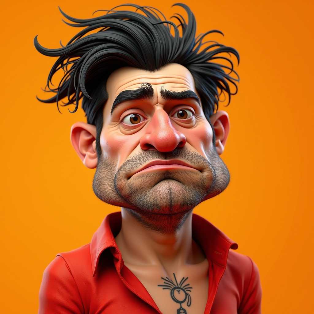 A 3D caricature of a man with exaggerated features, set against a vibrant orange backdrop. His rough, textured skin, large reddish nose, and wildly disheveled thick dark hair give him a dramatic and humorous appearance. The man wears an open-necked red shirt, and a small, stylized tattoo is visible at the base of his elongated neck. He has a weary, bored expression with heavy eyelids and a downturned mouth, embodying a world-weary, slightly disreputable character. The design draws inspiration from artists like Alberto Mielgo and Carlos Grangel, focusing on exaggerated proportions and expressive details. The 3D render includes realistic textures and lighting, with directional light from above creating shadows that enhance the character's features. The vibrant orange background contrasts strongly with the dark hair and intricate skin details, giving the piece a humorous and slightly grotesque style.