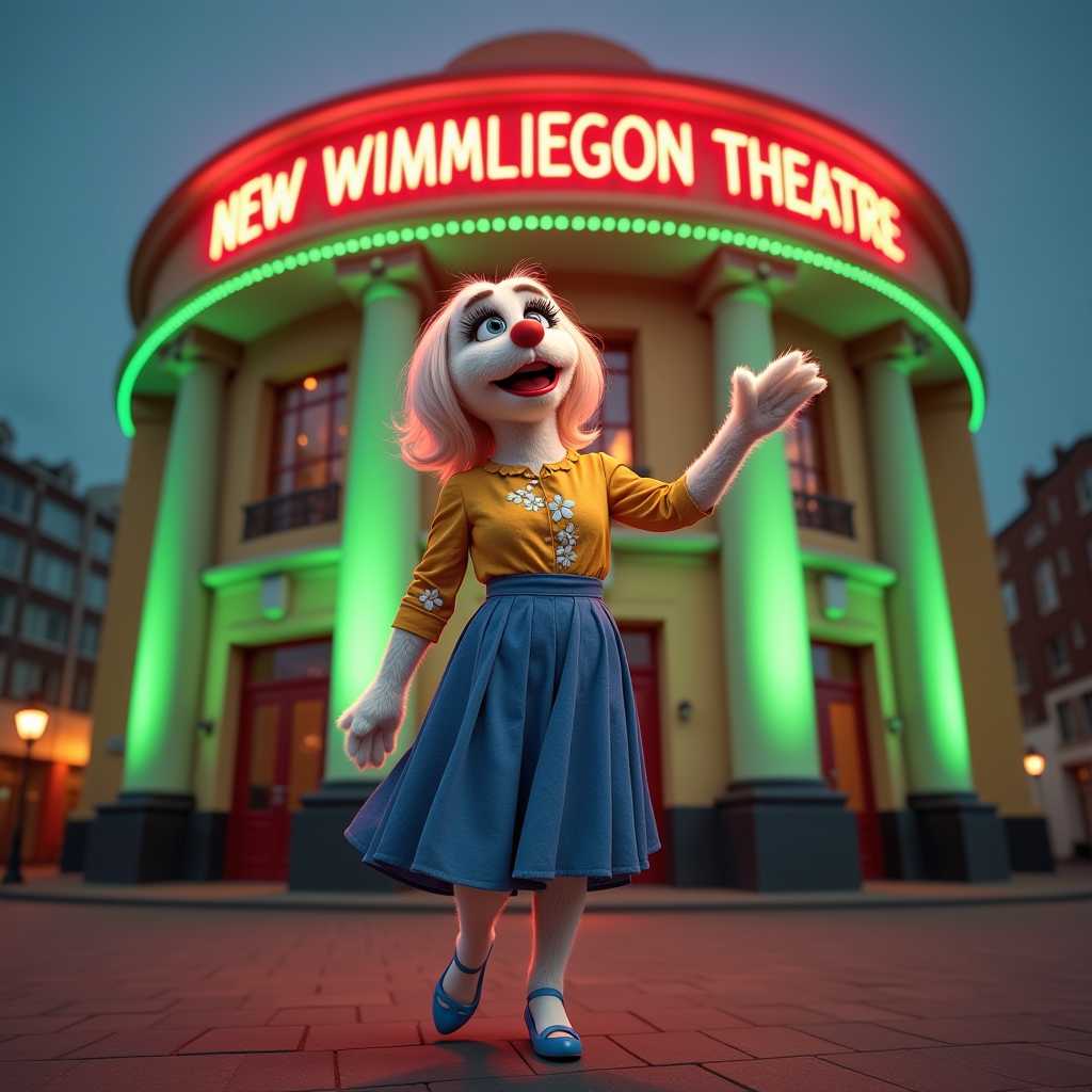 womble in image. joyful comic CGI effect. Womble, with some eyeliner and hair wearing a floral yellow blouse, blue skirt and blue heel sandals, is striking a confident pose outside of. New Wimbledon Theatre with the pillars on its circular front uplit in neon green and red sign on top lit up text “New Wimbledon Theatre”. late evening UK. female-form