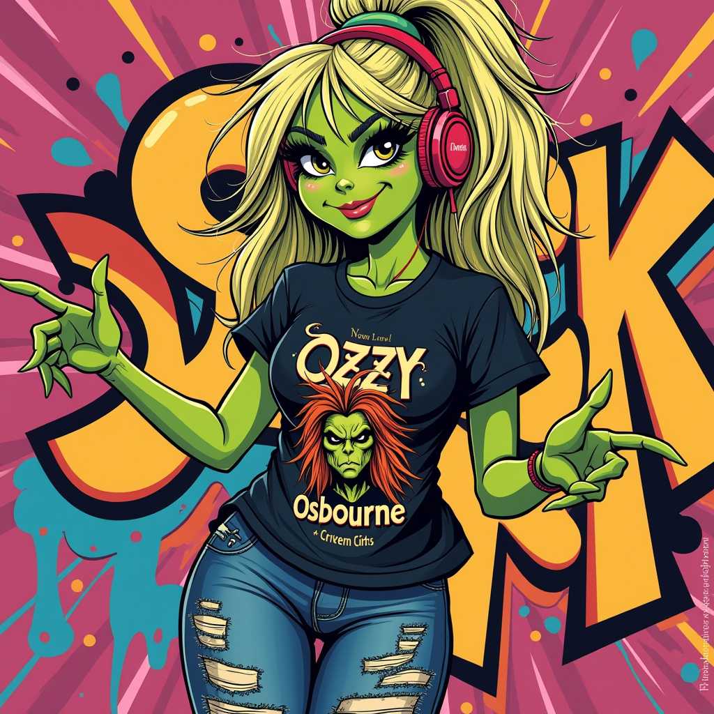 Image of trendy female Grinch with long thick black eyeslashes, bright eyeshadow, messy blonde hi lighted hair,happy, whimsical, standing with headphones on, jiving to the music. wearing a Ozzy Osbourne Tshirt, distressed jeans, fashionable thigh high boots Against a vibrant graffitti design background. The overall style should be reminiscent of pop art, with bold colors and a retro feel.