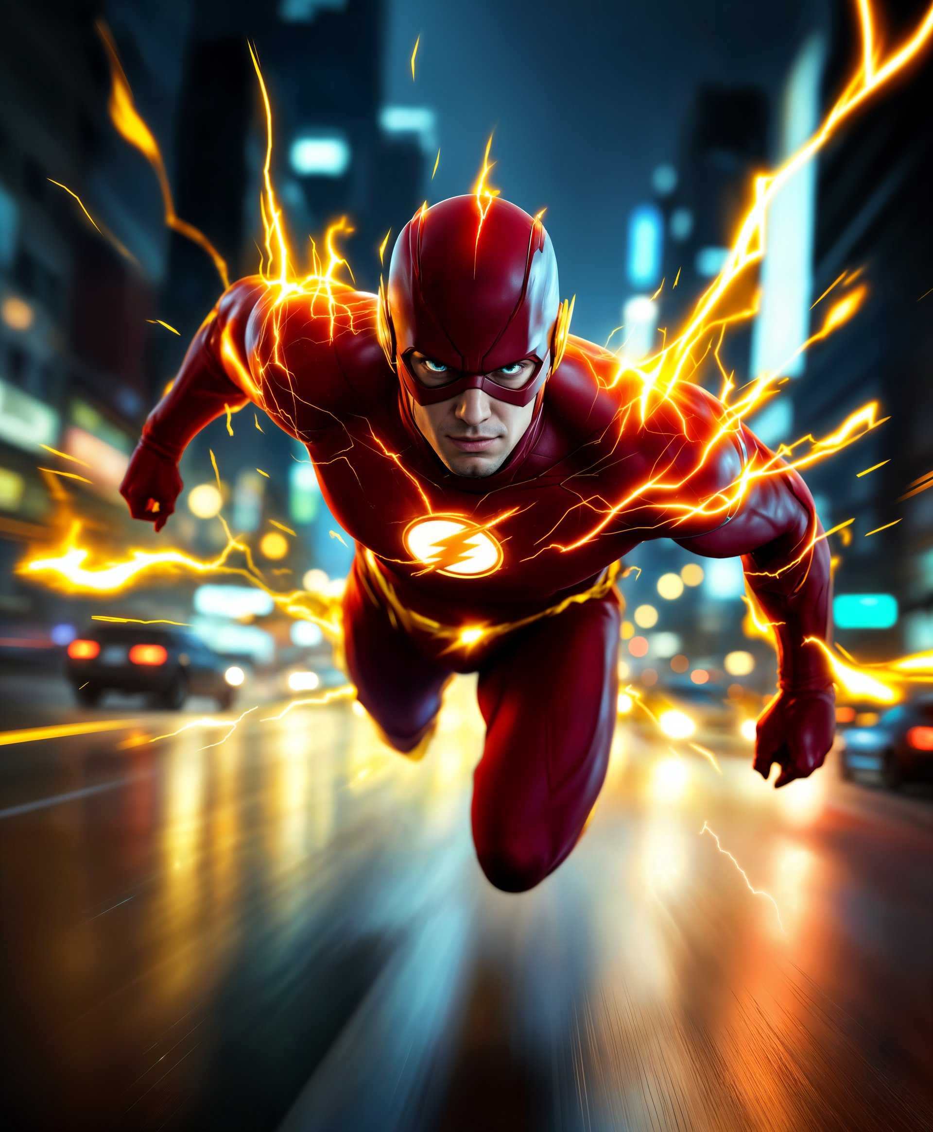 masterpiece, best quality, highres, sharp image, more detail, masterpiece, best quality, highres, sharp image, more detail, A dynamic and **hyperrealistic** portrait of **The Flash** from DC Comics, showcasing his **super speed** in a **vivid, high-contrast** setting:

- **Subject**: The Flash, in his iconic red and yellow costume, with the lightning bolt emblem prominently displayed on his chest. His eyes are sharp and focused, conveying a sense of intense speed and determination.
  
- **Action**: Capture The Flash in mid-motion, with **motion blur** around his body to emphasize his incredible velocity. Streaks of **yellow lightning** should radiate from him, illuminating the scene with an electric glow.

- **Lighting**: Use **dramatic chiaroscuro** lighting to highlight the contours of his muscles and the texture of his suit. The light should reflect off his suit, creating a **metallic sheen** where the lightning strikes.

- **Background**: A **blurred cityscape** at night, with streaks of light from cars and streetlights, suggesting rapid movement through an urban environment. The background should be **out of focus**, enhancing the speed effect.

- **Artistic Style**: Combine **photo-realistic** elements with **abstract expressionism** to capture the essence of speed and energy. The style should evoke the work of artists like **Jack Kirby** or **Alex Ross**, known for their detailed comic book illustrations.

- **Mood and Atmosphere**: The atmosphere should feel **electric** and **charged**, with a sense of imminent action. The mood is **high-energy**, with a hint of **adrenaline rush**.

- **Technical Aspects**: Utilize **depth of field** to blur the background, **shutter speed** to capture motion blur, and **color grading** to enhance the reds and yellows against cooler night tones.

- **Composition**: Place The Flash slightly off-center using the **rule of thirds**, with his body angled towards the viewer to engage directly. His forward movement should guide the eye through the image.

This portrait should embody The Flash's **power** and **speed**, making the viewer feel the rush of air as he blurs past, leaving only a streak of light and energy behind.