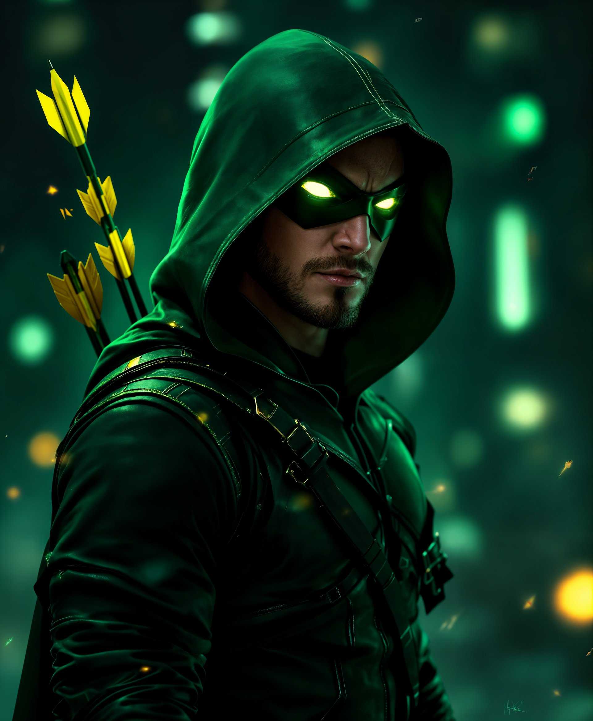masterpiece, best quality, highres, sharp image, more detail, masterpiece, best quality, highres, sharp image, more detail, A dynamic portrait of **The Arrow**, the iconic DC Comics vigilante, showcasing his mastery over archery. The image captures him in a moment of intense concentration, drawing back his bowstring with an arrow nocked, ready to release. His costume is detailed with green leather, incorporating textures that suggest durability and agility, with his hood partially covering his face, leaving only his piercing eyes visible, glowing with determination.

**Visual Details**: 
- **Costume**: Rich, emerald green leather with detailed stitching, a mask with glowing eyes, and his quiver visible over his shoulder, filled with uniquely designed arrows.
- **Lighting**: Dramatic chiaroscuro lighting with strong contrasts, emphasizing the hero's silhouette against a dark, urban backdrop. Highlights on his bow and the arrowhead to draw attention to his weapon.
- **Colors**: Predominantly dark greens and blacks, with strategic use of yellow or red for his arrow or target to create focal points.

**Style**: 
- The portrait should evoke a blend of comic book art with a touch of realism, reminiscent of Alex Ross's painted style, where superheroes are depicted with a hyper-realistic approach but still retain their comic essence.

**Composition**: 
- **Framing**: Tight shot focusing on The Arrow from the waist up, his bow diagonally cutting through the frame, leading the eye to his intense gaze.
- **Subject Positioning**: He stands in a slightly crouched, ready-to-spring pose, suggesting motion and tension.
- **Camera Angle**: Low angle, looking up at The Arrow, enhancing his heroic stature and giving a sense of power and dominance.

**Mood and Atmosphere**: 
- The atmosphere is tense and charged with anticipation, the city behind him is in the throes of night, with hints of danger or chaos just out of view, reflecting his role as a guardian.
- The time of day is night, with the city lights providing a backdrop that contrasts with his dark silhouette.

**Technical Aspects**: 
- Use of motion blur or speed lines around the arrow to imply its imminent flight, depth of field to isolate The Arrow from the background, and perhaps a slight lens flare from a distant streetlight to add realism.

**Cohesion**: 
- All elements work together to portray The Arrow as a vigilant, prepared hero, ready to protect his city. The lighting, composition, and mood all contribute to the portrayal of his powers and his iconic status within the DC universe.
