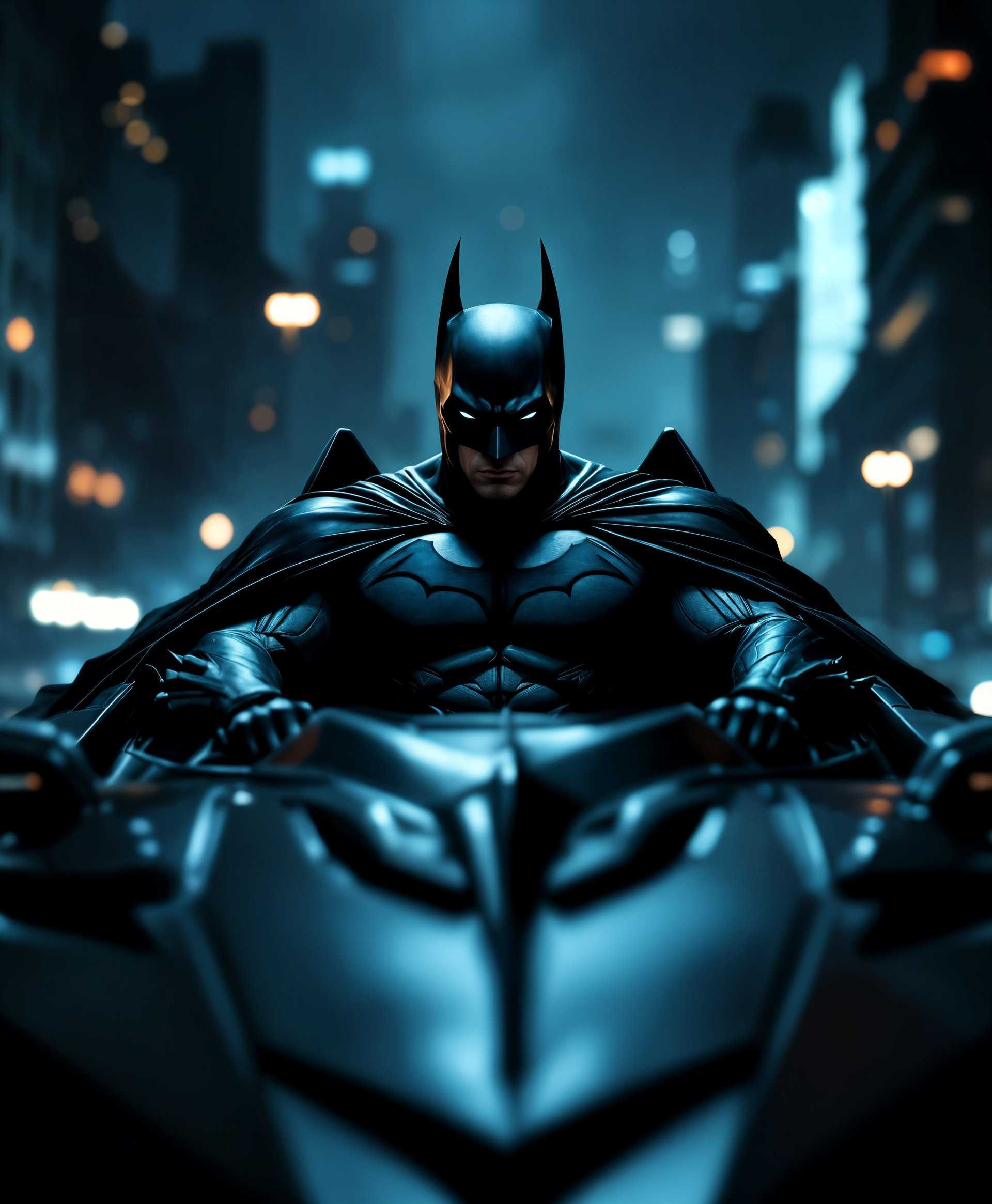 masterpiece, best quality, highres, sharp image, more detail, masterpiece, best quality, highres, sharp image, more detail, A hyper-realistic portrait of Batman from DC Comics, seated in his iconic Batmobile, captured in a dynamic, high-contrast lighting. **Visual Details:** The scene should showcase Batman's dark, sleek costume with a matte finish, reflecting the city lights in a minimalistic way. His cape flows dramatically, suggesting motion even in stillness. The Batmobile is sleek, with sharp angles, and its design reflects the comic book aesthetic, blending modern technology with gothic elements. **Style:** Adopt a neo-noir style reminiscent of Tim Burton's Gotham, with chiaroscuro lighting to highlight Batman's silhouette against the backdrop of Gotham's skyline at night. **Composition:** Batman should be the focal point, positioned slightly off-center to the left, allowing the Batmobile to stretch across the frame, creating a diagonal line of interest. The camera angle should be low, looking up at Batman, emphasizing his imposing presence. **Mood and Atmosphere:** The mood is intense and brooding, with an ominous, stormy atmosphere. The time is late at night, with a thunderstorm brewing, casting deep shadows and occasional lightning strikes illuminating parts of the scene. **Technical Aspects:** Use a shallow depth of field to blur the background, focusing on Batman's face and the details of the Batmobile. Employ a wide-angle lens to capture the grandeur of the setting while maintaining focus on Batman. **Cohesion:** Every element from the lighting to the composition should work together to convey Batman's power, his connection to Gotham, and his vigilante essence, making the portrait both awe-inspiring and narrative-driven.