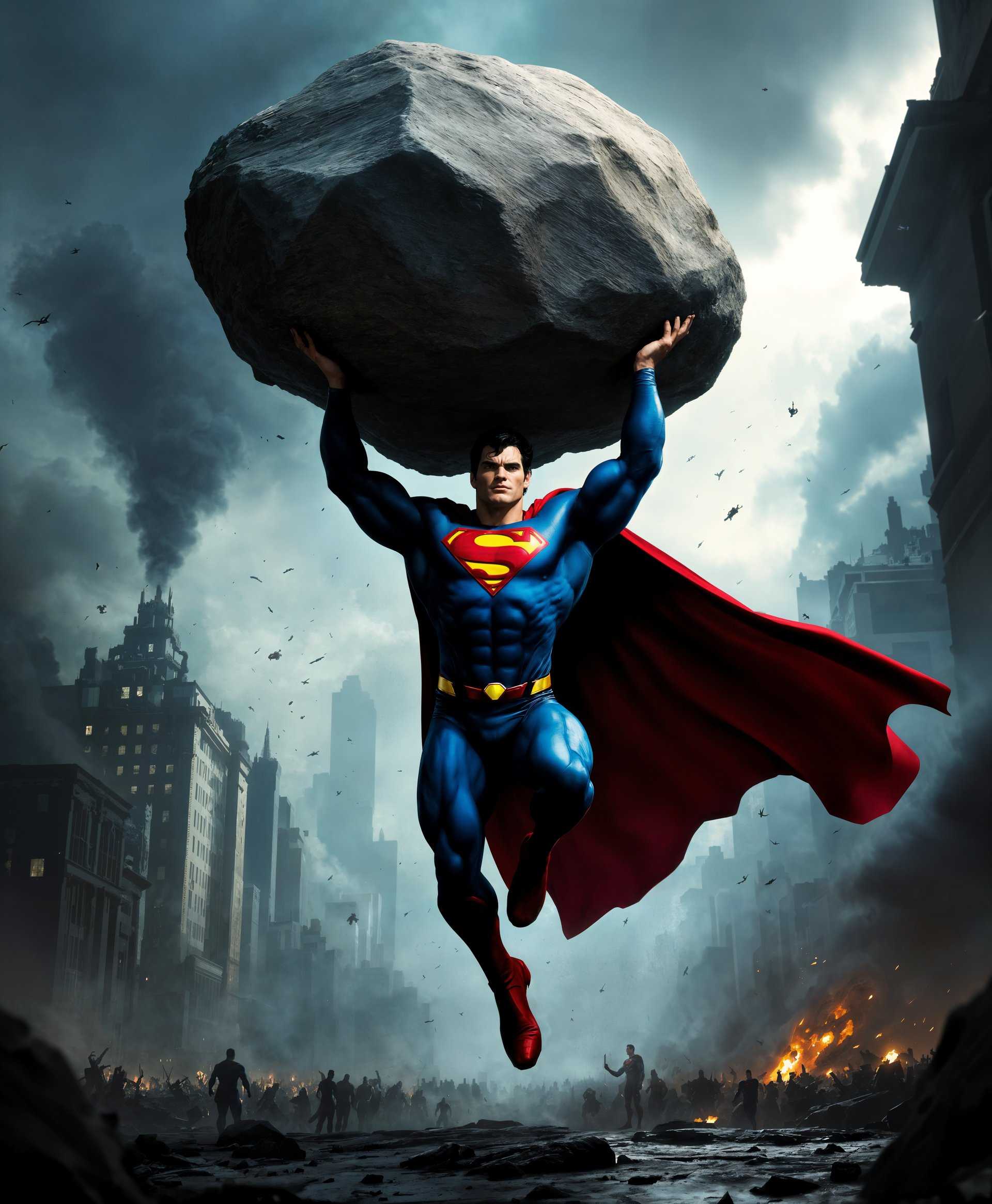 masterpiece, best quality, highres, sharp image, more detail, masterpiece, best quality, highres, sharp image, more detail, Capture an epic, heroic portrait of **Superman**, the iconic DC Comics character, in the midst of a dramatic rescue. He is **carrying a colossal boulder** with ease, showcasing his **superhuman strength**. Here are the key elements:

- **Subject**: Superman, dressed in his classic blue and red suit with the iconic 'S' shield on his chest, his cape billowing dynamically in the wind.
  
- **Action**: Superman's muscles are tense, veins visible, as he lifts the massive rock above his head, his posture demonstrating his immense power.

- **Background**: A cityscape under threat, with buildings partially destroyed, smoke rising, and people below in awe or panic, emphasizing the urgency of the situation.

- **Lighting**: Utilize dramatic lighting with a chiaroscuro effect, where the light illuminates Superman from one side, casting deep shadows that enhance the three-dimensionality and intensity of the scene.

- **Color Palette**: A mix of stark contrasts with Superman's bright colors against a backdrop of muted, dark tones, highlighting his heroism amidst chaos.

- **Mood and Atmosphere**: Convey a sense of urgency and heroism; the scene is both exhilarating and awe-inspiring, capturing the moment of salvation.

- **Composition**: Frame Superman as the central figure, slightly off-center, with the rock and the cityscape providing a dynamic diagonal line, drawing the eye towards him. The camera angle should be from below, looking up at Superman to enhance his imposing presence.

- **Artistic Style**: Emulate the bold, dynamic lines and exaggerated poses typical of comic book art, with a touch of realism to ground the fantastical elements.

- **Technical Aspects**: Employ high contrast, sharp focus on Superman, and a slight motion blur on the background elements to convey the movement and urgency of the rescue.