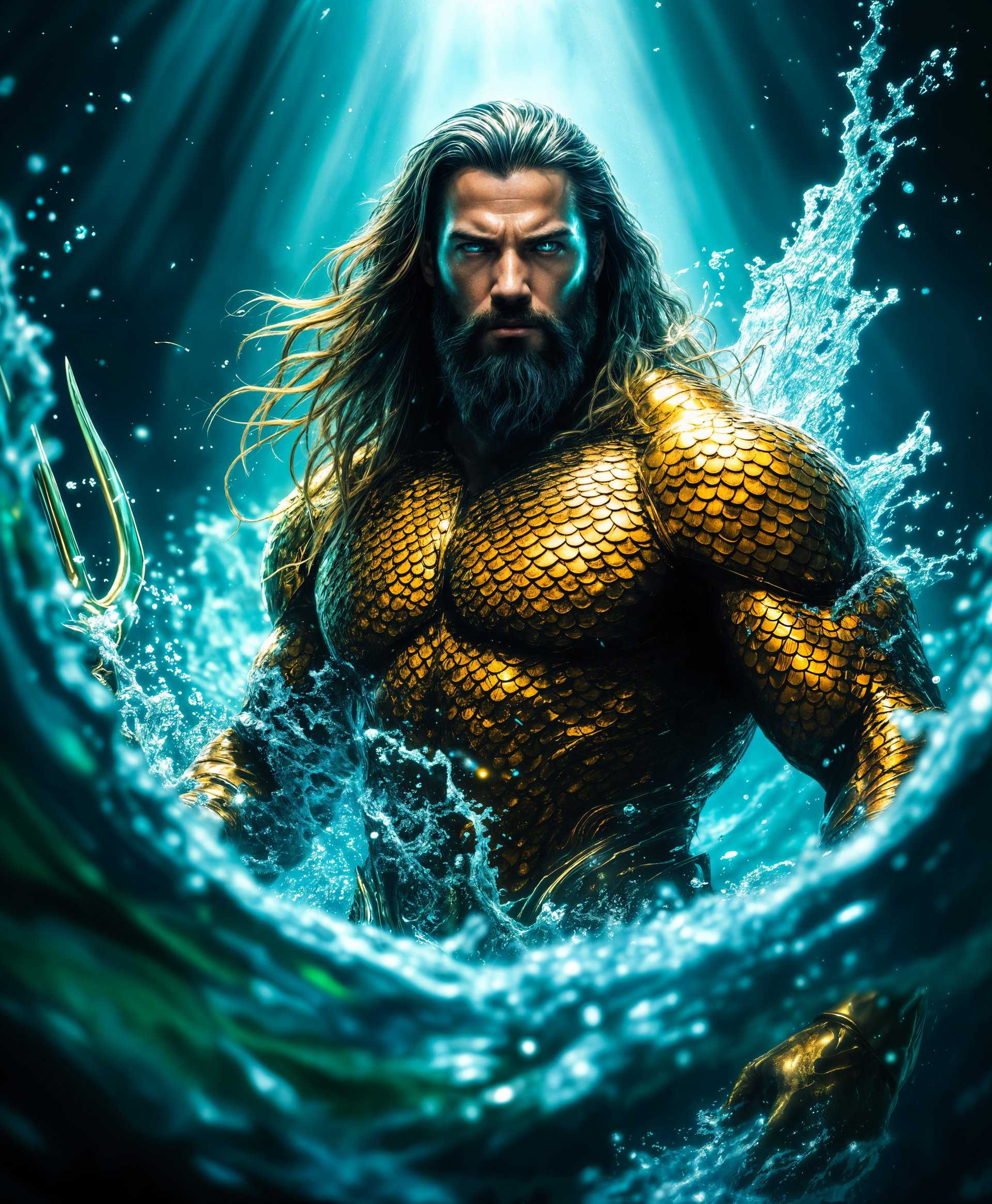 masterpiece, best quality, highres, sharp image, more detail, masterpiece, best quality, highres, sharp image, more detail, **Subject:** Aquaman, the DC Comics hero, portrayed in a majestic and powerful pose.

**Visual Elements:**
- **Colors:** Oceanic blues and greens, with highlights of gold from his costume, creating a vibrant contrast against darker, shadowy areas.
- **Textures:** The texture of water should be visible, with ripples and waves interacting with his form, suggesting his control over the sea. His costume has a scale-like texture, reminiscent of fish or armor.
- **Lighting:** Dynamic lighting with beams of light piercing through the water, casting dramatic shadows and illuminating his face and key features like the trident.

**Artistic Style:** Inspired by the bold, heroic lines of comic book art, particularly the work of artists like Jim Lee, but with a modern, photorealistic twist to enhance the realism of his environment.

**Composition:**
- **Framing:** A close-up portrait focusing on Aquaman's upper body, his face, and the trident, with the sea and possibly marine life subtly framing him.
- **Camera Angle:** Slightly low angle to emphasize his commanding presence and power.

**Mood and Atmosphere:**
- **Feeling:** Conveying a sense of awe, power, and the majesty of the ocean's ruler.
- **Time of Day:** Late afternoon, with golden hour light filtering through the water, enhancing the sense of depth and mystery.
- **Weather Conditions:** Clear water, but with visible currents and eddies, suggesting his command over the ocean's forces.

**Technical Aspects:**
- **Depth of Field:** Shallow depth of field to focus on Aquaman while the background blurs into the depths of the ocean.
- **Lens Flare:** Subtle lens flares to mimic underwater light effects, adding to the realism.

**Cohesion:** The image should blend the surreal, mythical qualities of Aquaman with a realistic portrayal of the underwater world, creating a scene where he appears as both a ruler of the sea and a character from a comic book come to life.