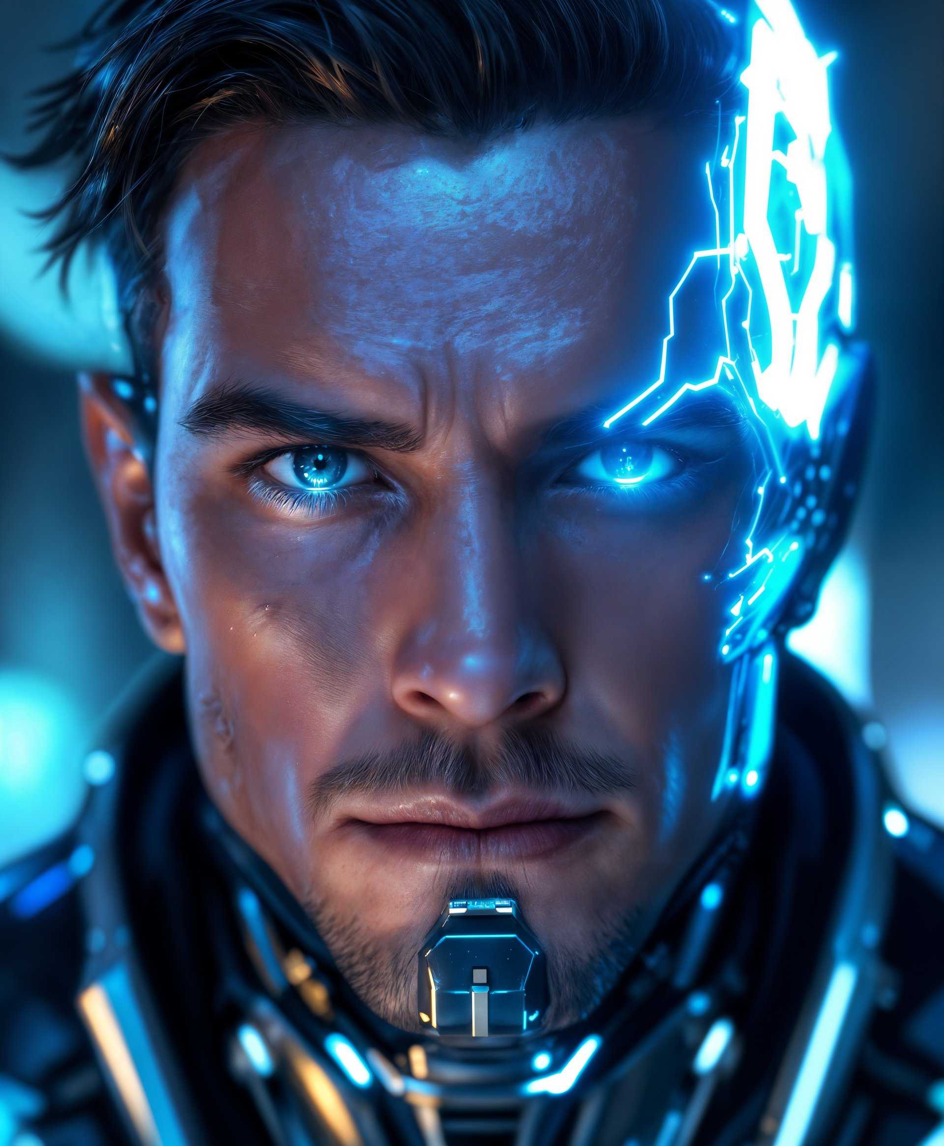 masterpiece, best quality, highres, sharp image, more detail, masterpiece, best quality, highres, sharp image, more detail, A **hyper-realistic portrait** of a DC Comics **Cyborg**, showcasing his **cybernetic enhancements**. The image should emphasize:

- **Visual Details**: His **metallic skin** has an **iridescent quality**, reflecting light in shades of blue and silver. The **circuitry** and **wiring** visible through translucent parts of his face and body are illuminated with a **neon glow**, particularly around his eyes and the side of his head where his human skin transitions to metal. 

- **Style**: Rendered in the style of **modern sci-fi**, blending **realism with elements of futurism**, capturing the essence of a **comic book hero** with a touch of **cyberpunk aesthetics**.

- **Composition**: Cyborg is **front and center**, his face filling most of the frame. The camera angle is **slightly below eye level** to give him a heroic, imposing presence. His gaze is intense, looking slightly above the viewer, suggesting a moment of power activation or contemplation of his next move.

- **Mood and Atmosphere**: The background is **dark and shadowy** with **faint, neon-lit outlines** of a futuristic cityscape, emphasizing Cyborg's isolation from the human world yet his connection to technology. The atmosphere is **electric** with a sense of **imminent action** or **energy surge**.

- **Technical Aspects**: Use **high dynamic range (HDR)** to capture the contrast between the dark background and the bright, glowing elements of Cyborg's body. **Depth of field** is shallow to keep focus on Cyborg's face, with the cityscape slightly blurred. **Lens flare** from the glowing parts to add to the sci-fi vibe.

This portrait should convey the **strength, complexity, and duality** of Cyborg's character, showcasing his **superhuman abilities** while hinting at the **humanity within**.
