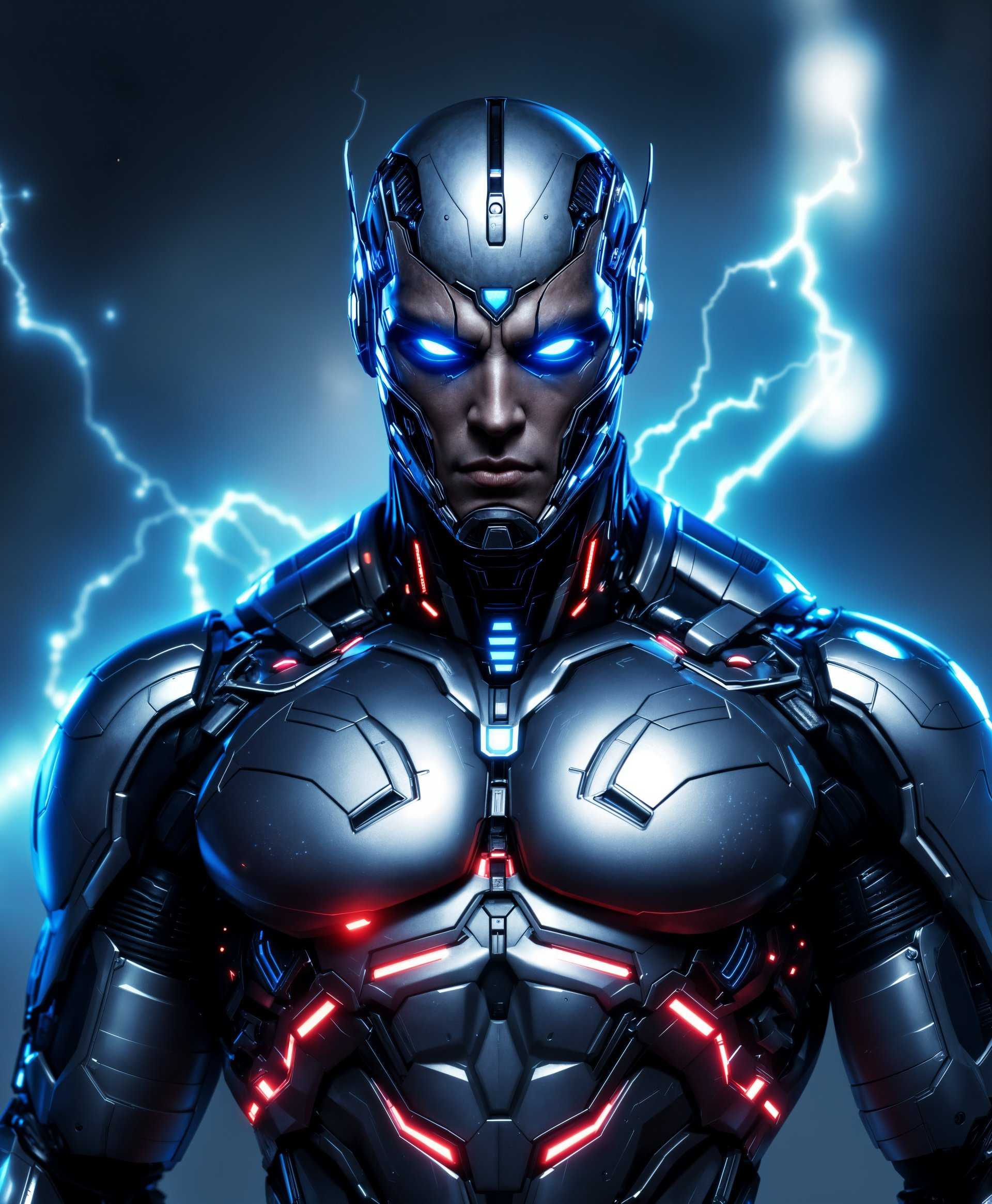 masterpiece, best quality, highres, sharp image, more detail, masterpiece, best quality, highres, sharp image, more detail, **Subject:** Cyborg from DC Comics

**Visual Details:**
- **Appearance:** Highly detailed cyborg enhancements with a blend of organic human features and advanced technological elements. His skin should show the transition from flesh to metal, with intricate circuitry and mechanical parts visible, especially around his face, chest, and limbs.
- **Colors:** Predominantly metallic silver, black, and blue lighting accents, with subtle hints of red for energy effects.
- **Lighting:** Dramatic chiaroscuro lighting, with strong contrasts highlighting his cybernetic enhancements. Use of rim lighting to give an ethereal glow to his metal parts.

**Style:** 
- **Artistic Influence:** Inspired by the dynamic, high-energy art style of Jim Lee, combined with a futuristic, cyberpunk aesthetic. 
- **Technical Approach:** Employ a hyper-realistic rendering style with a focus on texture detail and material differentiation, capturing the sleekness of metal against the softness of human skin.

**Composition:** 
- **Pose:** Cyborg in a heroic stance, showcasing his power. His right arm is raised, energy coursing through his circuits, ready to unleash an attack. 
- **Camera Angle:** Low angle shot to emphasize his size and power, looking up at him, with his face slightly turned to the side for a three-quarter view.
- **Framing:** Tight framing that focuses on Cyborg, with minimal background elements to keep the focus on him, perhaps with a slight vignette effect.

**Mood and Atmosphere:** 
- **Ambiance:** The scene should exude a sense of impending action, with an electric, high-tension atmosphere. 
- **Time of Day:** Night, with the city skyline or futuristic environment in the background, illuminated by neon lights and his own glowing parts.

**Technical Aspects:**
- **Depth of Field:** Shallow depth of field to isolate Cyborg from the background, ensuring he stands out.
- **Focus:** Sharp focus on Cyborg's face and power-enhanced parts, with a softer focus on the extremities.
- **Exposure:** High dynamic range to capture both the bright, glowing elements and the dark, shadowed areas effectively.

**Cohesion:** 
- The image should balance the human and machine aspects of Cyborg, portraying him not just as a powerful entity but also as a hero with depth, highlighted by the contrast between his mechanical enhancements and his human expressions.