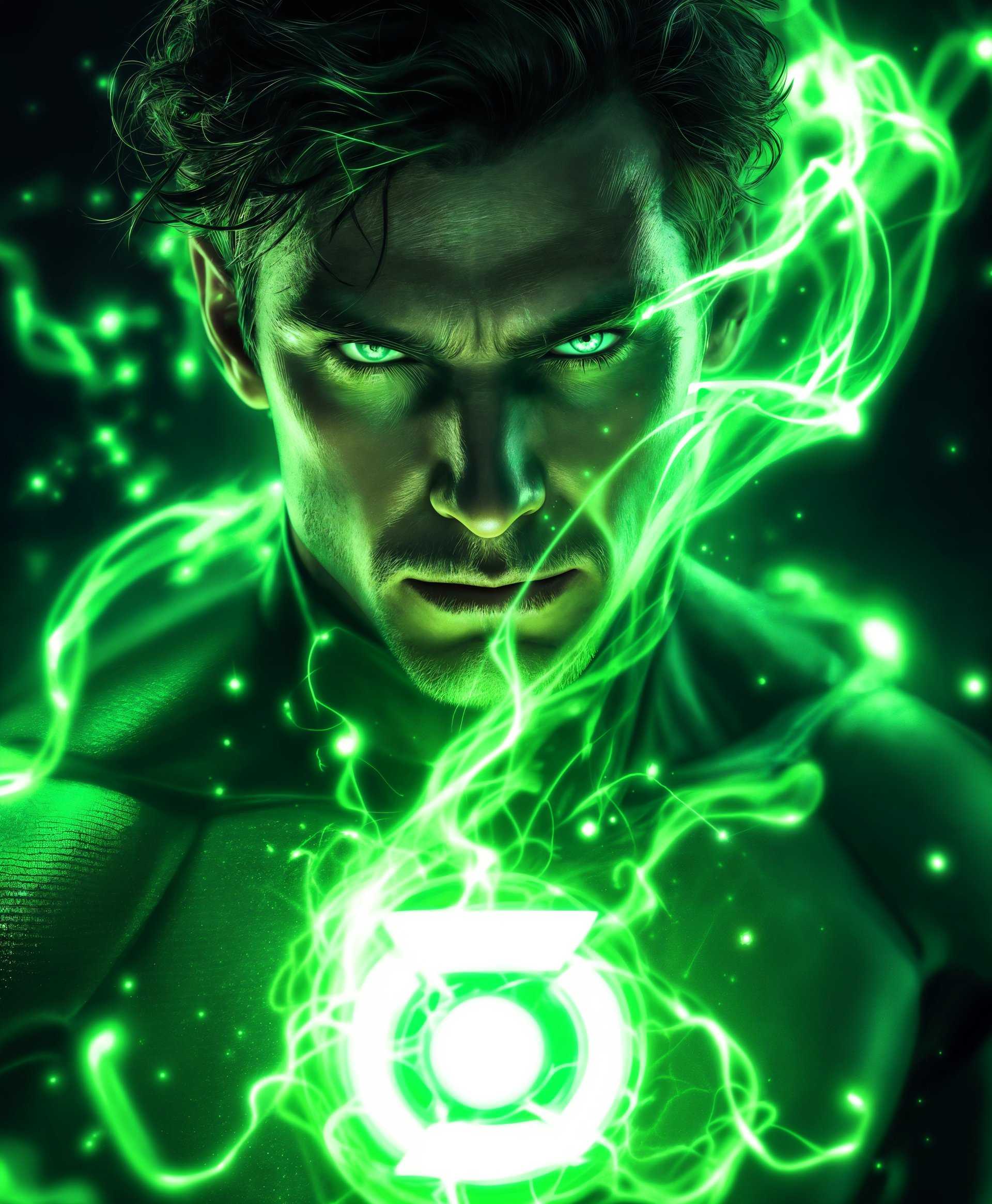 masterpiece, best quality, highres, sharp image, more detail, masterpiece, best quality, highres, sharp image, more detail, A majestic portrait of **Green Lantern** from the DC Comics universe, highlighting his extraordinary powers:

- **Visual Details**: His emerald green ring glows intensely, casting a vibrant green light that illuminates his face with an ethereal glow. The ring's energy forms intricate, swirling patterns around him, almost like a living, pulsating entity. His costume is meticulously detailed, with the green fabric having a metallic sheen, reflecting the light in various directions. His eyes, determined and focused, are enhanced by the green light, giving them an otherworldly intensity.

- **Style**: Rendered in a hyper-realistic style with elements of comic book art, blending the sharpness of modern digital art with the iconic, bold lines characteristic of comic book illustrations. The lighting mimics a high-contrast, dramatic studio setup, focusing on the hero's face and power ring.

- **Composition**: Green Lantern is centrally positioned, looking directly at the viewer, asserting his presence. The background is a deep, dark void, creating a stark contrast that makes him and his powers the focal point. The camera angle is slightly low, giving him an imposing, heroic stature.

- **Mood and Atmosphere**: The atmosphere is charged with energy, the air crackling with the power of his ring. The mood is one of awe and respect, evoking the power and responsibility of the Green Lantern Corps. The time of day is ambiguous, but the lighting suggests a twilight moment, where the light from his ring overpowers any natural light source.

- **Technical Aspects**: Use a high key lighting technique to highlight his features and the ring's power, with a shallow depth of field to blur the background, ensuring all attention is on Green Lantern. Employ a combination of hard and soft lighting to create dramatic shadows and highlights, emphasizing his facial features and the energy emanating from the ring.

- **Cohesion**: The entire scene is designed to showcase Green Lantern's power and presence, creating a visually striking portrait that captures both his physical and spiritual strength. The use of green light as the primary light source unifies the elements, making the portrait not just a depiction but a testament to his power.