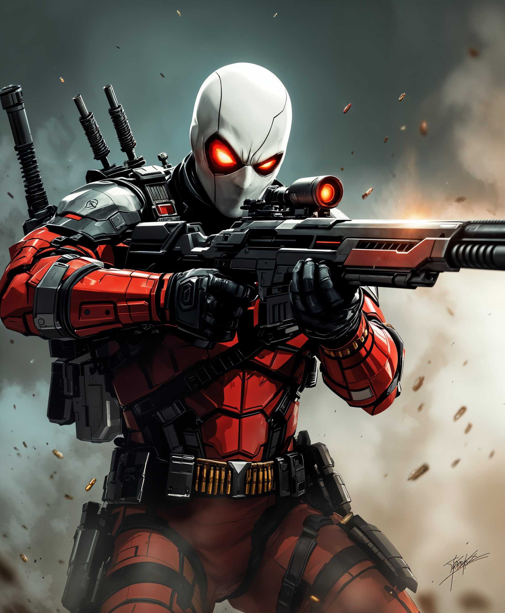 masterpiece, best quality, highres, sharp image, more detail, masterpiece, best quality, highres, sharp image, more detail, A dynamic portrait of Deadshot from DC Comics, showcasing his prowess as a marksman:

**Visual Details**: 
- Deadshot in his iconic red and black tactical suit, with detailed armor plating and bullet belts.
- His mask, white with a single red eye slit, gleaming with precision optics, reflecting light in a subtle glow.
- He holds a large, futuristic rifle, its design sleek with a metallic sheen, the barrel aimed directly at the viewer.
- The background subtly features bullet impacts and smoke trails, suggesting a recent engagement.

**Style**: 
- The image should echo the gritty, high-contrast style of modern comic book art, with a nod to Jim Lee's detailed line work.

**Composition**: 
- Deadshot is positioned centrally, his body slightly turned to the side but his head facing forward, creating a sense of confrontation.
- The camera angle is low, looking up at him, emphasizing his imposing presence and skill.
- The frame is tight around him, with his rifle extending out of the frame, suggesting the scope of his reach.

**Mood and Atmosphere**: 
- The mood is intense, with a palpable tension in the air, as if the scene is a momentary pause in a high-stakes scenario.
- Lighting is dramatic, with high contrast shadows and highlights that accentuate his mask and armor, creating a sense of depth and drama.

**Technical Aspects**: 
- Use techniques like chiaroscuro for dramatic lighting effects, ensuring his mask and the rifle's details stand out.
- Employ a shallow depth of field to blur the background, focusing attention on Deadshot.

**Cohesion**: 
- All elements combine to illustrate Deadshot's deadly precision and combat readiness, capturing his essence as the world's greatest marksman in a single, powerful image.