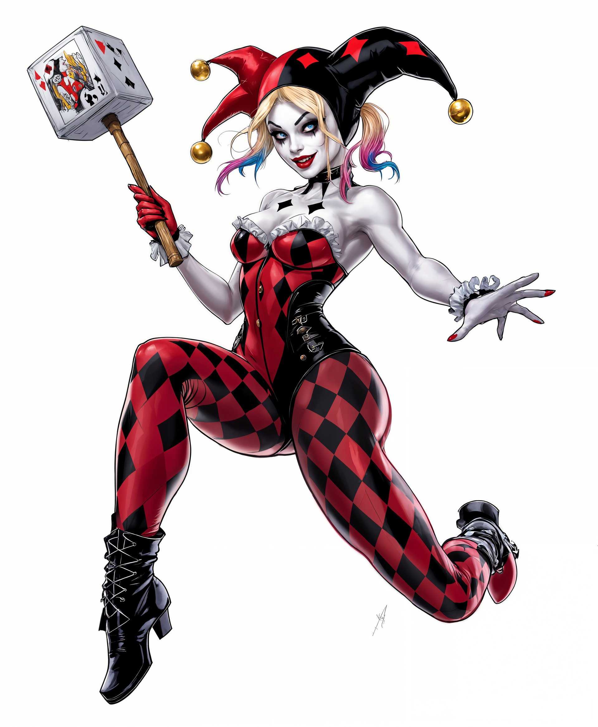 masterpiece, best quality, highres, sharp image, more detail, masterpiece, best quality, highres, sharp image, more detail, ```plaintext
A dynamic portrait of **Harley Quinn** from the DC comics, capturing her in mid-action, showcasing her acrobatic prowess and mischievous charm. 

**Visual Details:**
- **Costume:** She wears her iconic jester outfit with a tight, red and black diamond-patterned corset, ruffled neckline, and matching leggings. Her boots are black and white, extending up to her knees. 
- **Accessories:** Her jester hat is cocked to one side, with bells jangling as she moves. She carries her signature mallet, poised for action, decorated with playing card symbols.
- **Makeup:** Bold, theatrical makeup with white face paint, exaggerated red lips, and black diamond patterns around her eyes. Her hair is dyed half blonde and half pink or blue, styled in pigtails.

**Style:**
- **Artistic Influence:** The style is reminiscent of comic book art, with bold outlines and vibrant, saturated colors, but with a touch of realism to highlight her facial expressions and the texture of her outfit.
- **Photography Technique:** A shallow depth of field focuses on Harley, with her surroundings slightly blurred to emphasize her as the central figure.

**Composition:**
- **Subject Positioning:** Harley is posed in a dynamic, theatrical stance, one foot up, ready to leap or strike, her body slightly turned to show her silhouette.
- **Camera Angle:** A low angle shot to make her appear larger than life, enhancing her dominance in the scene.
- **Framing:** She is framed against a backdrop of Gotham's skyline at dusk, with the city lights casting a glow on her, creating a stark contrast between her vibrant colors and the dark, moody city.

**Mood and Atmosphere:**
- **Feeling:** The image conveys a sense of excitement, chaos, and unpredictability, encapsulating Harley's essence.
- **Time of Day:** Dusk, with the city's lights just beginning to twinkle, adding a touch of mystery and allure.
- **Ambiance:** The atmosphere is electric with a hint of danger, as if anything could happen at any moment.

**Technical Aspects:**
- **Lighting:** Side lighting to highlight the texture of her costume, with rim lighting to separate her from the background, emphasizing her silhouette against the city.
- **Focus:** Selective focus with a fast shutter speed to capture her movement sharply while maintaining the background blur.

**Cohesion:** The entire scene is designed to reflect Harley Quinn's chaotic energy and her playful yet dangerous nature, with every