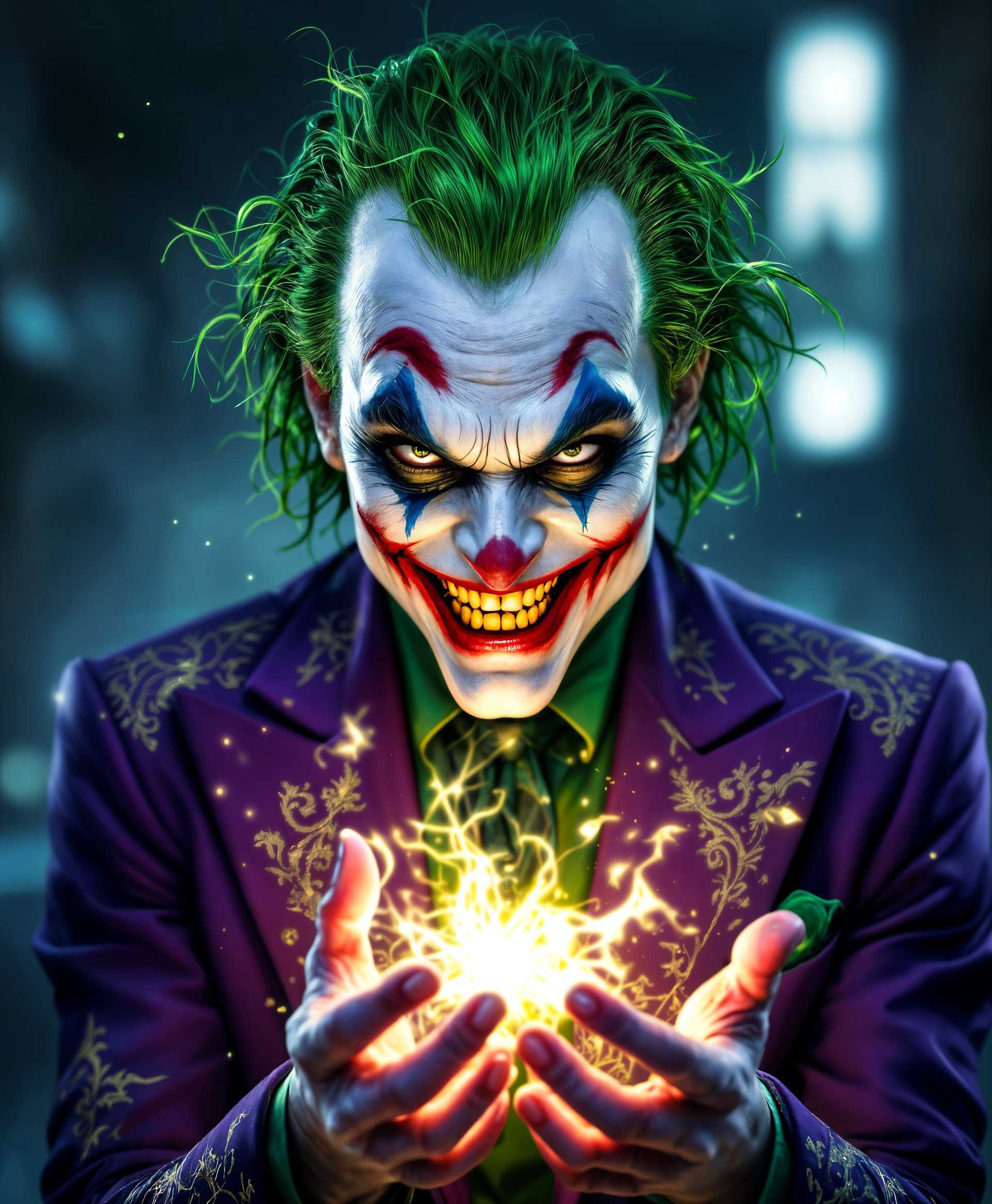 masterpiece, best quality, highres, sharp image, more detail, masterpiece, best quality, highres, sharp image, more detail, A hyper-realistic portrait of The Joker from DC Comics, showcasing his chaotic essence and powers in full display:

- **Visual Details:** 
  - His iconic purple suit with intricate green patterns, slightly worn to suggest frequent use in his mischievous endeavors.
  - Skin with a ghostly pale complexion, contrasted by vibrant, almost neon, green hair that seems to glow from within.
  - Eyes that are mischievous and slightly mad, with exaggerated makeup lines that give a sense of his unstable psyche.
  - A sinister smile with yellowed teeth, hinting at his toxic nature.
  - Special effects showing energy or magic radiating from his hands, depicting his ability to manipulate events or people.

- **Artistic Style:** 
  - Photorealistic with elements of surrealism to emphasize his otherworldly powers.
  - Inspired by the works of Dave McKean, capturing a comic book aesthetic that transcends into reality.

- **Composition:**
  - The Joker is centered, with his gaze slightly off to the side, engaging the viewer indirectly as if planning his next move.
  - Lighting is dramatic, with a single harsh light source casting deep shadows, enhancing his facial features and creating a stark contrast.
  - Camera angle is slightly low, looking up at him, making him appear more imposing and powerful.

- **Mood and Atmosphere:**
  - The setting is an abandoned carnival at twilight, with remnants of joy juxtaposed with the darkness of the night.
  - The air is thick with anticipation and a slight mist, adding to the eerie, otherworldly feel.
  - The background subtly hints at chaos and destruction, reinforcing his chaotic nature.

- **Technical Aspects:**
  - Use of chiaroscuro lighting to create depth and drama.
  - Depth of field focuses sharply on The Joker, with the background slightly blurred to keep the focus on him.
  - High dynamic range to capture the range of colors and textures, from the darkness of his suit to the luminescence of his hair.

- **Cohesion:**
  - All elements converge to portray The Joker not just as a villain, but as a force of nature, unpredictable and mesmerizing, with a palpable sense of his power and madness.
