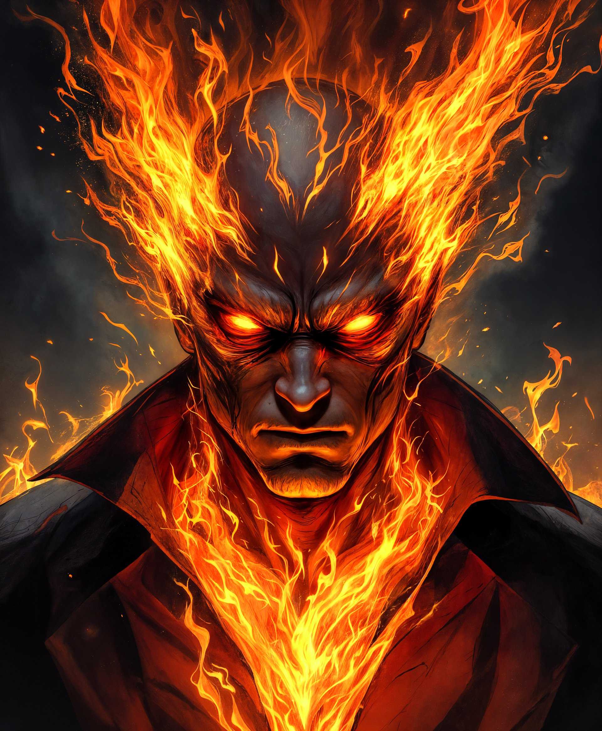 masterpiece, best quality, highres, sharp image, more detail, masterpiece, best quality, highres, sharp image, more detail, A highly detailed portrait of **El Diablo** from DC Comics, showcasing his supernatural powers:

- **Subject:** El Diablo, in full costume with his fiery aura, eyes blazing with intense flames, and an expression of both anger and determination.
- **Visual Details:** 
  - His skin is textured with shadows and embers, as if lit from within by a fire.
  - The flames are vivid with hues of orange, red, and yellow, casting dynamic light and shadows across his face.
  - Subtle smoke trails rise from his clothing, suggesting the heat of his powers.
- **Style:** 
  - The portrait is rendered in the style of Dave McKean, known for his mixed media approach, with layers of paint, collage, and digital manipulation to give a surreal, almost tangible presence.
  - Emulate the dark, gritty feel of a Jim Lee or Todd McFarlane comic book cover.
- **Composition:** 
  - El Diablo is centered, his face filling most of the frame, with the flames extending beyond the edges, giving a sense of power overwhelming the canvas.
  - The camera angle is slightly below eye level, looking up at him to emphasize his dominance and the supernatural aura surrounding him.
- **Mood and Atmosphere:** 
  - The scene is set at dusk, with a stormy sky in the background, reflecting the tumultuous nature of his powers.
  - The atmosphere is electric with energy, the air charged with his supernatural abilities, evoking a sense of impending action.
- **Technical Aspects:** 
  - Use chiaroscuro lighting to enhance the drama, with the highlights on his face contrasting with deep, dark shadows.
  - Employ a shallow depth of field to focus on El Diablo, with the background slightly blurred to keep the viewer's attention on him.
- **Cohesion:** 
  - The flames, smoke, and embers work together to create a believable, immersive portrayal of El Diablo's fiery powers, all elements blending seamlessly to tell a story of power, conflict, and mystique.