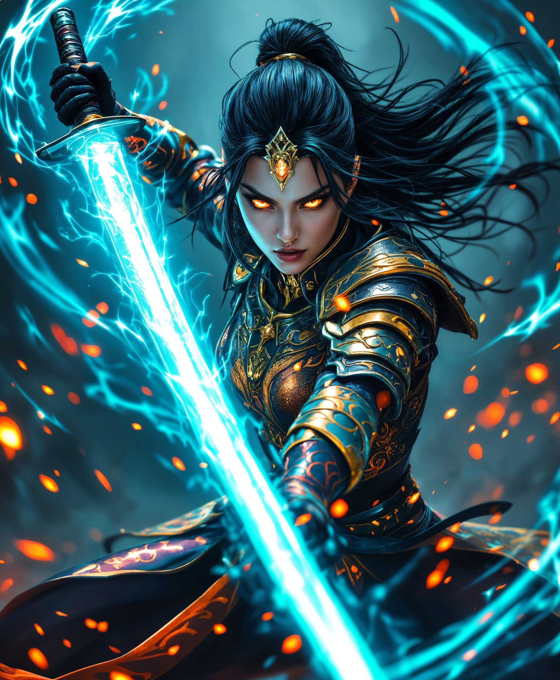 masterpiece, best quality, highres, sharp image, more detail, Hyper-detailed portrait of Katana from DC Comics, showcasing her mystical swordplay in action, **Visual Details:** Her suit is a vibrant, metallic sheen with intricate, flowing patterns reminiscent of ancient Japanese armor; the katana blade glows with a supernatural, cyan energy, illuminating her face and surroundings; her eyes are intense, reflecting a blend of determination and mystic energy. **Style:** Fusion of traditional Japanese Ukiyo-e art with modern comic book aesthetics, capturing the essence of both worlds. **Composition:** Close-up shot, Katana in a dynamic pose, mid-swing with her sword, her hair and the energy from her blade swirling around her in a circular motion, framing her face; the background subtly hints at a battle scene, with blurred motion suggesting chaos. **Mood and Atmosphere:** The scene is charged with energy, the lighting is dramatic with strong contrasts, evoking a sense of power and imminent action; the atmosphere is charged with electricity, suggesting a storm brewing or the aftermath of an explosion. **Technical Aspects:** High dynamic range (HDR) to capture the glowing sword and the subtle details of her costume; shallow depth of field to focus on Katana, with her eyes and the blade in sharp focus, while the background blurs into soft, abstract shapes. **Cohesion:** The elements are unified by the theme of power, with the energy from the sword, the dynamic pose, and the intense expression all contributing to a single, powerful moment of her character's strength.