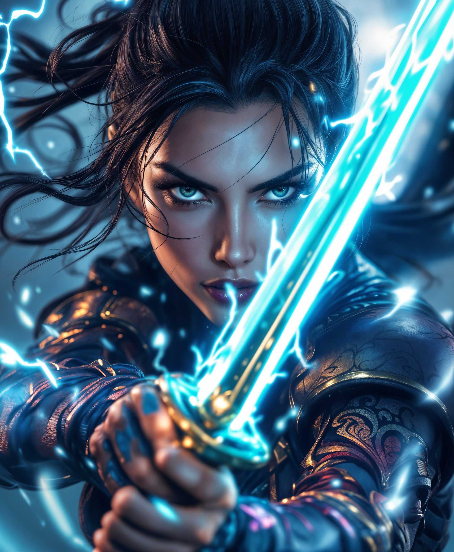 masterpiece, best quality, highres, sharp image, more detail, masterpiece, best quality, highres, sharp image, more detail, Hyper-detailed portrait of Katana from DC Comics, showcasing her mystical swordplay in action, **Visual Details:** Her suit is a vibrant, metallic sheen with intricate, flowing patterns reminiscent of ancient Japanese armor; the katana blade glows with a supernatural, cyan energy, illuminating her face and surroundings; her eyes are intense, reflecting a blend of determination and mystic energy. **Style:** Fusion of traditional Japanese Ukiyo-e art with modern comic book aesthetics, capturing the essence of both worlds. **Composition:** Close-up shot, Katana in a dynamic pose, mid-swing with her sword, her hair and the energy from her blade swirling around her in a circular motion, framing her face; the background subtly hints at a battle scene, with blurred motion suggesting chaos. **Mood and Atmosphere:** The scene is charged with energy, the lighting is dramatic with strong contrasts, evoking a sense of power and imminent action; the atmosphere is charged with electricity, suggesting a storm brewing or the aftermath of an explosion. **Technical Aspects:** High dynamic range (HDR) to capture the glowing sword and the subtle details of her costume; shallow depth of field to focus on Katana, with her eyes and the blade in sharp focus, while the background blurs into soft, abstract shapes. **Cohesion:** The elements are unified by the theme of power, with the energy from the sword, the dynamic pose, and the intense expression all contributing to a single, powerful moment of her character's strength.