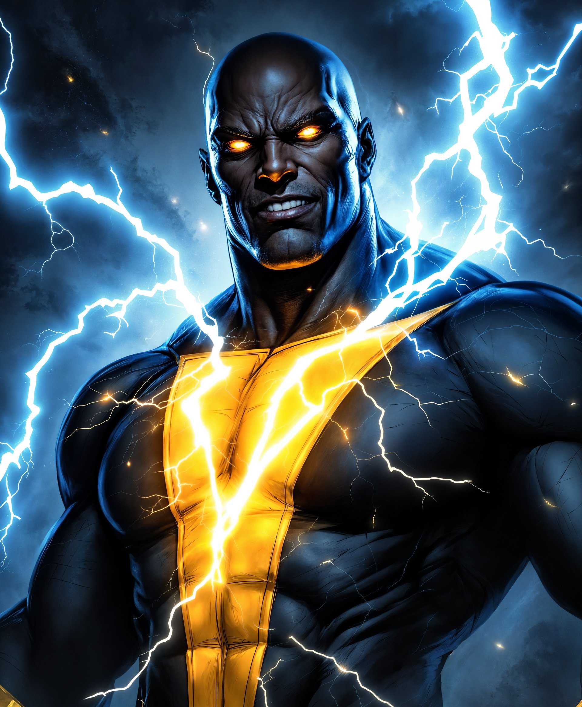 masterpiece, best quality, highres, sharp image, more detail, masterpiece, best quality, highres, sharp image, more detail, **Portrait of Black Adam:**

- **Subject**: Black Adam, as portrayed in DC comics, showcasing his immense power.
- **Style**: Dynamic and dramatic, reminiscent of Greg Capullo's comic art, with an overlay of Jack Kirby's energy and intensity.
- **Visual Elements**: 
  - **Texture**: Rough, almost tangible energy crackling around him, with a hint of static electricity in the air.
  - **Color Palette**: Dominant hues of black, gold, and electric blue with sparks of lightning.
  - **Lighting**: High contrast with stark, directional lighting creating deep shadows and highlights on his muscular form.
  - **Details**: Lightning bolts coursing through his costume, with his eyes glowing fiercely, and a slight smirk showing his confidence.
- **Composition**: 
  - **Framing**: Close-up portrait, focusing on his upper body, head turned slightly to the side, looking directly at the viewer.
  - **Camera Angle**: Low angle shot to emphasize his imposing presence and power.
- **Mood and Atmosphere**: 
  - **Ambiance**: A palpable sense of tension and power, as if the air is charged with electricity.
  - **Time of Day**: Night, with the backdrop of a stormy sky, lightning illuminating the scene.
- **Technical Aspects**: 
  - **Depth of Field**: Shallow depth of field, blurring the background to focus on Black Adam.
  - **Focus**: Sharp focus on his face and eyes, with motion blur around the edges to convey his speed and power.
- **Cohesion**: The scene should evoke the feeling of a storm about to break, with Black Adam at its epicenter, exuding an aura of raw, unchecked power, ready to unleash his wrath upon the world.