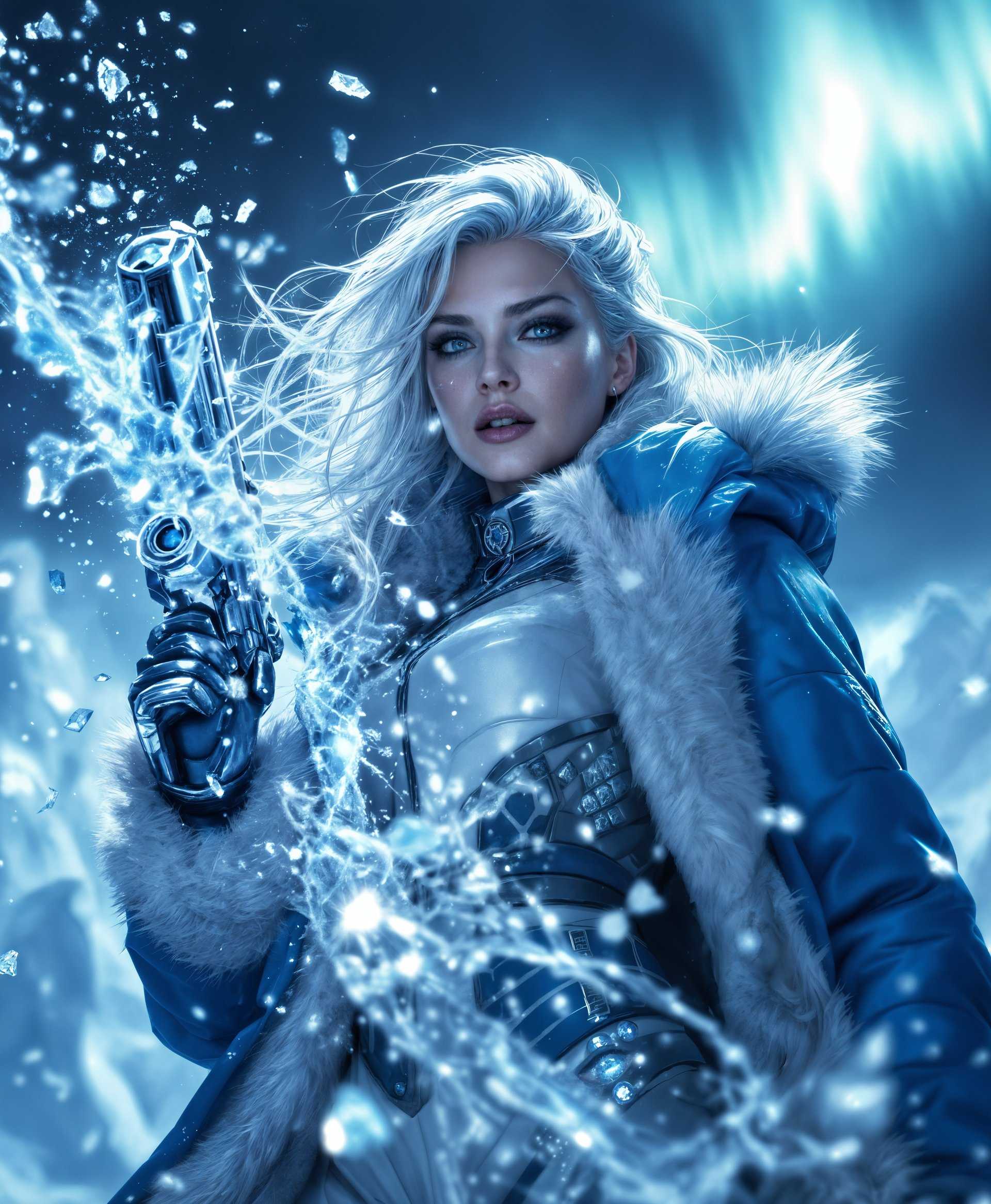 masterpiece, best quality, highres, sharp image, more detail, masterpiece, best quality, highres, sharp image, more detail, **Portrait of Captain Cold:**

A highly detailed, cinematic portrait of DC Comics' Captain Cold, showcasing her chilling powers. The image captures her from a low angle, emphasizing her dominance and command over the icy environment. She stands in a dynamic pose, her iconic blue-and-white parka open, revealing a silver, frost-encrusted cold gun in her right hand, from which icy blasts are emanating, creating a swirling vortex of snow and ice around her. 

- **Visual Details**: Her costume is intricately textured with metallic silver and icy blue elements, reflecting the cold light. Her hair, white with streaks of blue, flows back as if caught in a fierce, freezing wind. The background features a stark contrast of dark, shadowy icebergs and an ominous, icy sky, with subtle hints of aurora borealis.

- **Style**: The portrait is rendered in a hyper-realistic style, with photorealistic textures and lighting, reminiscent of the works of artists like Alex Ross, but with a darker, more ominous edge inspired by Greg Capullo's darker, more intense comic art.

- **Composition**: Captain Cold is centered in the frame, with her silhouette slightly off-center to the left, allowing the ice vortex to fill the right side of the image, creating a dynamic balance. The camera angle is low, looking up, enhancing her imposing presence.

- **Mood and Atmosphere**: The scene exudes a cold, foreboding atmosphere. The lighting is a mix of harsh, cold blues and shadowy, almost black shadows, creating a stark contrast that highlights her icy powers. The time of day is twilight, with the last rays of sun casting long shadows and glinting off the ice.

- **Technical Aspects**: The image employs a shallow depth of field, focusing on Captain Cold while the background blurs into a frosty, almost abstract landscape. There's a slight lens flare effect to mimic the cold, reflective surfaces. The use of chiaroscuro enhances the drama and depth in her expression and the icy environment.

- **Cohesion**: All elements work together to portray Captain Cold not just as a villain, but as a formidable force of nature, controlling the cold with an almost supernatural mastery, creating a believable and awe-inspiring scene.