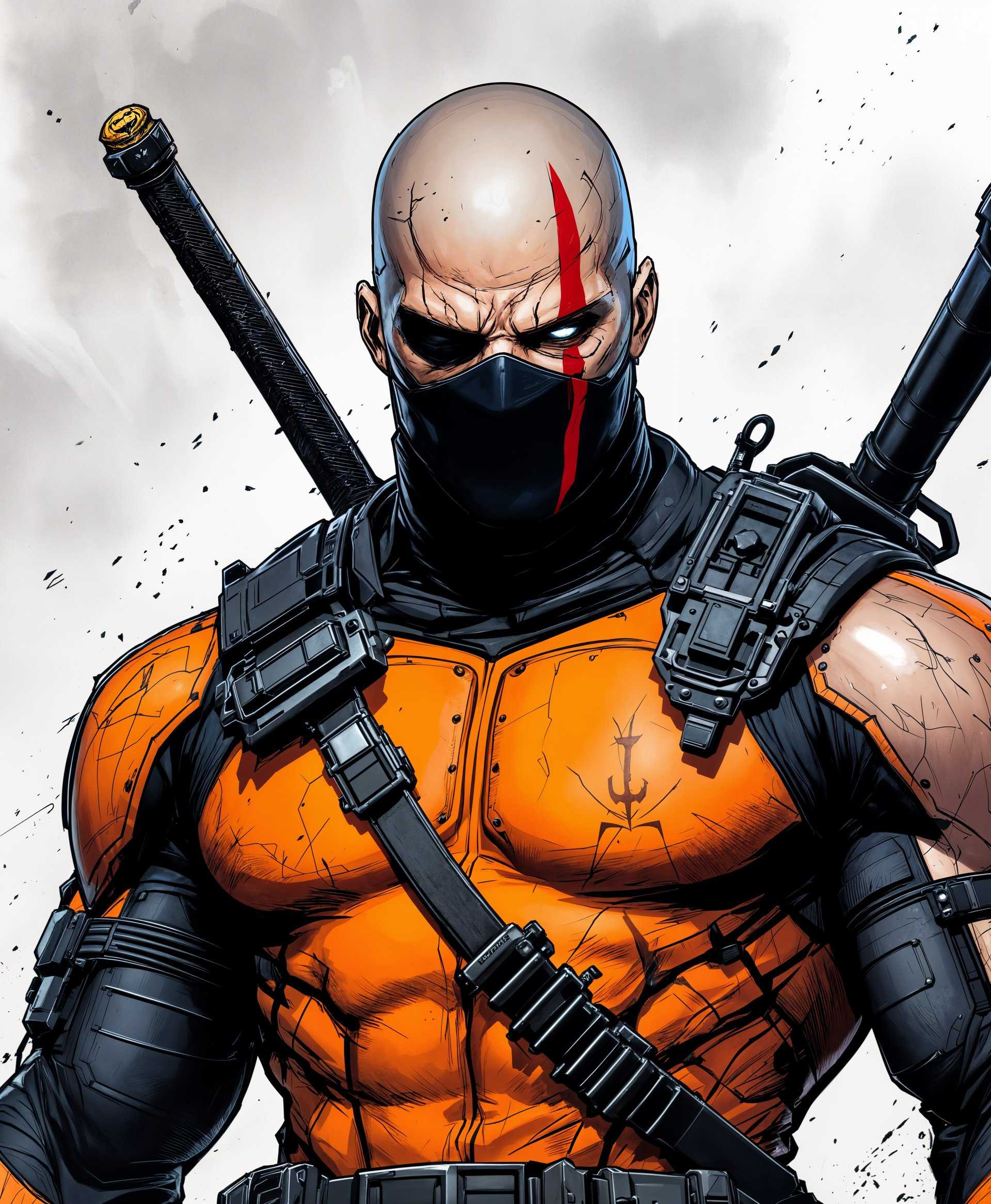 masterpiece, best quality, highres, sharp image, more detail, masterpiece, best quality, highres, sharp image, more detail, Create an **epic portrait** of **Deathstroke from DC Comics**, showcasing his formidable **superhuman abilities**:

- **Character**: Deathstroke, also known as Slade Wilson, an expert mercenary with enhanced physical attributes.
  
- **Visual Details**:
  - **Costume**: His iconic orange and black tactical suit, meticulously detailed with weaponry and utility belts, the mask with one eye covered, and a striking red insignia.
  - **Weapons**: Display his signature sword and/or guns, highlighting their craftsmanship and lethality.
  - **Physical Appearance**: Emphasize his muscular, battle-hardened physique, scars, and an aura of danger.

- **Style**: Employ a **comic book art style** with exaggerated features, bold outlines, and dynamic shading, reminiscent of Jim Lee's work on Deathstroke.

- **Composition**:
  - **Framing**: Close-up or mid-shot, capturing his intense gaze and readiness for battle.
  - **Camera Angle**: Low angle to convey his dominance and power.
  - **Positioning**: Deathstroke in a dynamic pose, perhaps mid-action, showcasing his agility and combat skills.

- **Mood and Atmosphere**:
  - **Mood**: Intense, foreboding, with an undercurrent of calculated violence.
  - **Lighting**: Dramatic chiaroscuro lighting, casting sharp shadows to enhance his menacing presence.
  - **Background**: Minimalistic or abstract to focus on Deathstroke, perhaps with subtle hints of his past battles or enemies.

- **Technical Aspects**:
  - **Depth of Field**: Shallow depth of field to focus on Deathstroke, with the background slightly blurred to emphasize his presence.
  - **Color Palette**: Use a limited, high contrast palette to enhance the comic book feel, with pops of orange and red against darker tones.
  - **Resolution**: High resolution to capture intricate details of his costume and weaponry.

- **Cohesion**: Ensure all elements contribute to the portrayal of Deathstroke as a formidable, strategic, and deadly opponent, blending his comic book origins with a realistic, gritty portrayal.