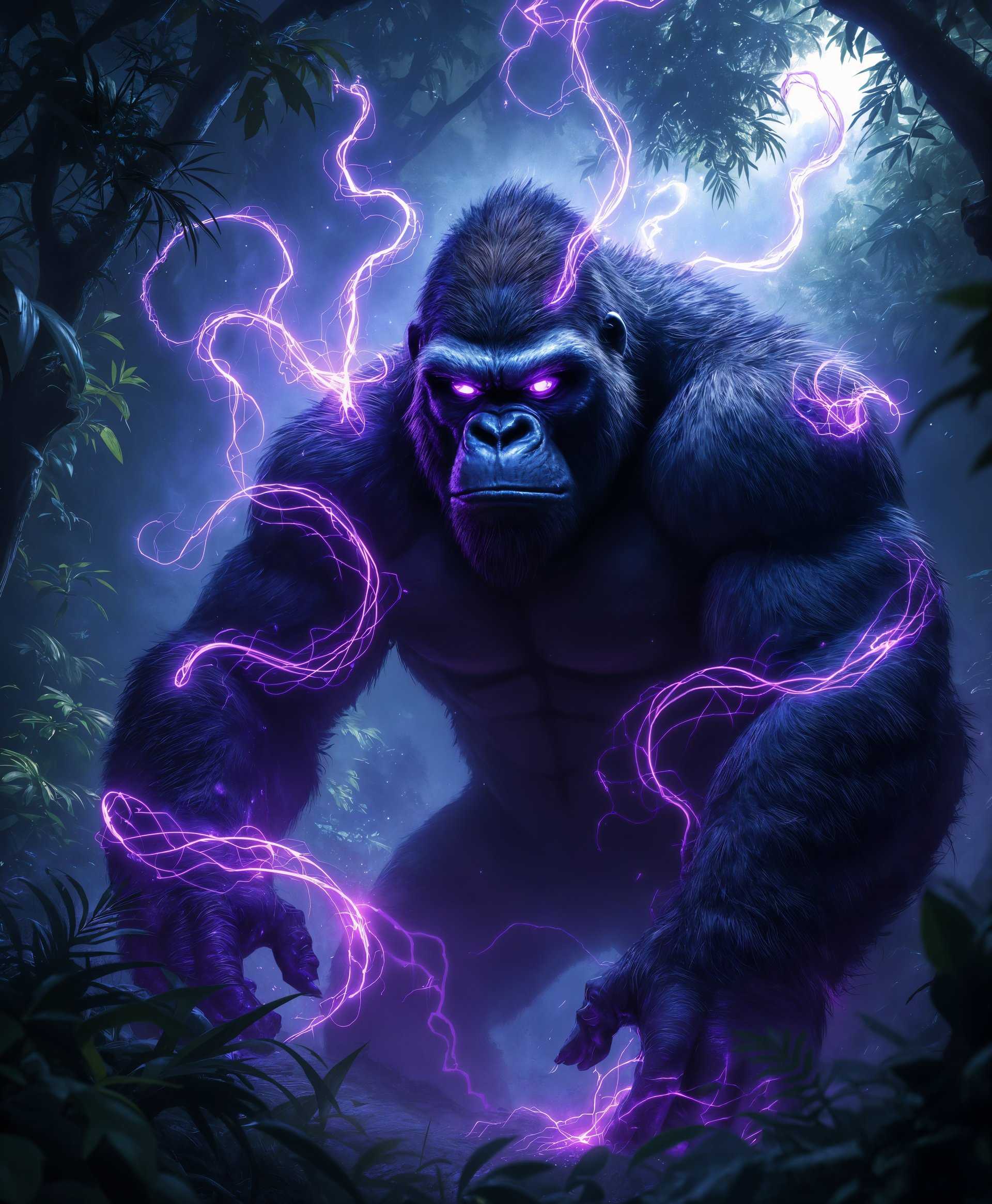 masterpiece, best quality, highres, sharp image, more detail, masterpiece, best quality, highres, sharp image, more detail, **Image Prompt:** A hyper-realistic, dynamic portrait of Gorilla Grodd from DC Comics, showcasing his formidable psionic powers. The scene is set in a dense, verdant jungle, with the light filtering through the canopy casting dramatic shadows across Grodd's fur, highlighting his menacing gaze and the psychic energy emanating from his eyes in a vivid, glowing purple. The composition captures him in a commanding pose, his massive form filling the frame, muscles tense and ready for action, with tendrils of psychic force swirling around him like ethereal snakes. The style is inspired by the chiaroscuro techniques of Caravaggio, emphasizing deep contrasts between light and dark to enhance the eerie, supernatural atmosphere. The mood is tense and foreboding, with the ambient sounds of the jungle subtly implied through the visual elements, and the atmosphere is thick with the anticipation of his next move, showcasing his dominance and power. The image should evoke a sense of awe and fear, capturing the essence of Grodd's intelligence and raw strength through meticulous detail in texture, color, and lighting.