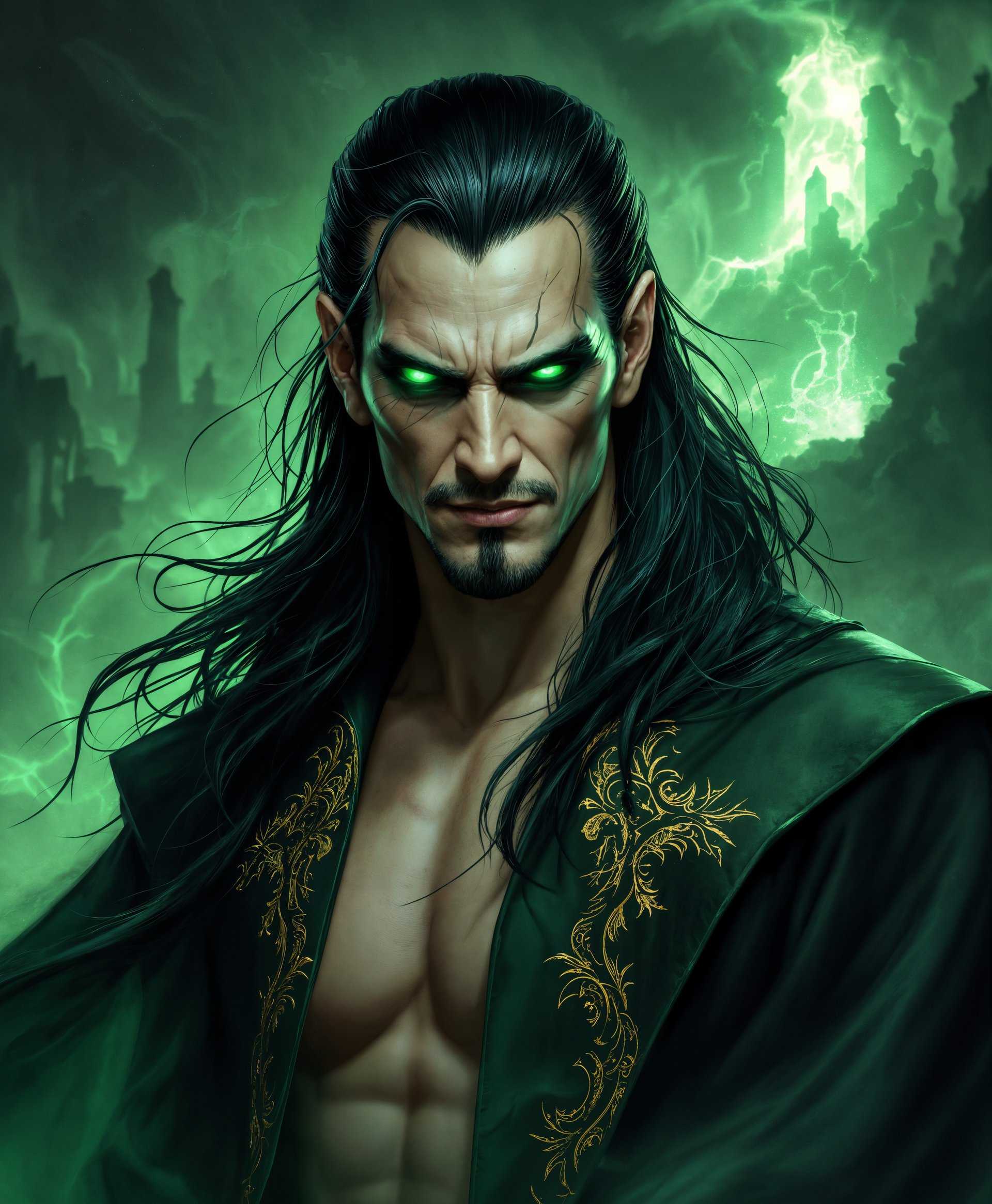 masterpiece, best quality, highres, sharp image, more detail, masterpiece, best quality, highres, sharp image, more detail, A striking portrait of Ra's al Ghul, the iconic DC Comics villain, portrayed in a highly detailed, hyper-realistic style reminiscent of Greg Capullo's artwork. He stands poised, his eyes glowing with an emerald fire that seems to pierce through the canvas, capturing his supernatural powers. His skin has a pale, almost translucent quality, highlighting his centuries of life, while his long, flowing hair is as dark as the night, with subtle streaks of gray denoting his wisdom and experience. 

**Visual Details:**
- Ra's al Ghul wears his classic green and black costume, the fabric looks like silk, with intricate, gold-embroidered patterns that seem to shimmer with an inner light.
- His facial features are sharp, with high cheekbones, a strong jawline, and a sinister smile that hints at his cunning and ruthless nature.
- The background is an ethereal, swirling green mist, symbolizing his command over nature and life itself, with faint outlines of ancient, crumbling ruins suggesting his vast knowledge and the passage of time.

**Lighting:**
- A dramatic, chiaroscuro lighting technique is used, with deep shadows accentuating the contours of his face and costume, creating a stark contrast between light and dark, enhancing his menacing presence.

**Composition:**
- Ra's al Ghul is positioned centrally, his gaze directly engaging the viewer, asserting his dominance and control over the scene.
- The camera angle is slightly low, looking up at him to emphasize his power and authority.

**Mood and Atmosphere:**
- The atmosphere is tense and foreboding, with an aura of mysticism and danger, as if you're standing before the master of the League of Assassins himself.
- The time is twilight, with the last rays of the sun casting an eerie glow, blending with the green mist to create a surreal, otherworldly ambiance.

**Technical Aspects:**
- Employ a fine art technique with a focus on texture, ensuring the fabric of his costume looks tactile and the mist appears to have a tangible presence.
- Use a high depth of field to keep Ra's al Ghul in sharp focus while the background blurs into an abstract, dreamlike quality.

**Cohesion:**
- The overall scene should feel like a moment frozen in time, where the power and legacy of Ra's al Ghul are palpable, his presence commanding and his powers manifest, all woven together to create an awe-inspiring, epic portrait.