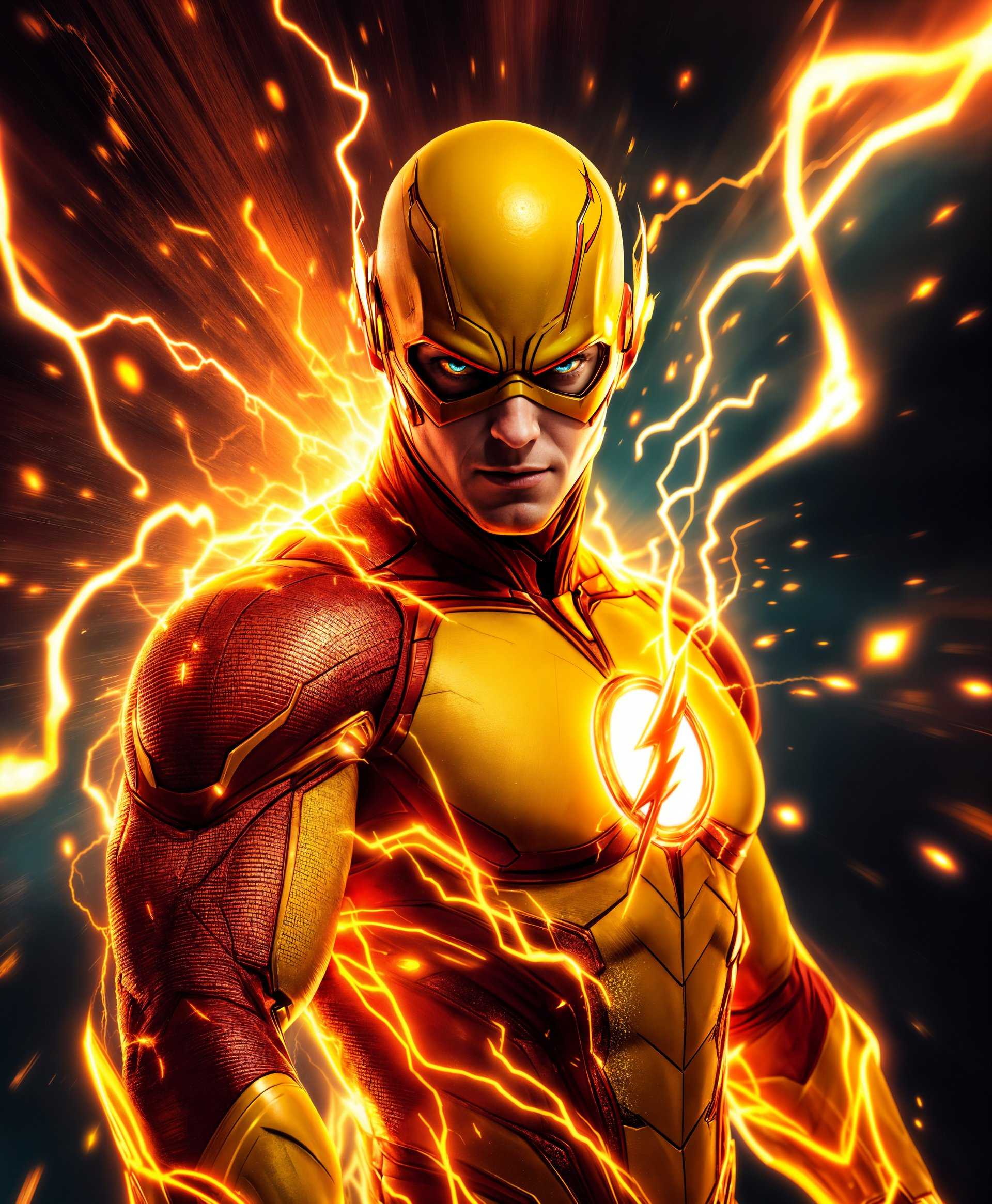 masterpiece, best quality, highres, sharp image, more detail, masterpiece, best quality, highres, sharp image, more detail, A dynamic portrait of DC's Reverse Flash, **Eobard Thawne**, showcasing his powers in an **intense, high-contrast** setting:

- **Visual Details**: 
  - **Costume**: His iconic yellow and red reverse lightning bolt suit with intricate, futuristic detailing, textured to look like it's vibrating at high speeds. The suit has a **metallic sheen** with **reflective surfaces** that catch the light in a **prismatic** way.
  - **Speed Force**: Surrounding him are **swirls of red and yellow**, the Speed Force energy, creating a **vortex** that seems to warp the space around him, with **blurred edges** and **motion blur** effects to signify his speed.
  - **Lighting**: Utilize **chiaroscuro** lighting to highlight the drama, with the brightest light source coming from the Speed Force energy, casting **sharp shadows** and creating a **high contrast** between light and dark.

- **Style**: 
  - The style should blend **comic book realism** with **abstract expressionism**, capturing the surreal nature of his speed and the **hyper-realistic** depiction of his costume details.

- **Composition**: 
  - **Framing**: Close-up portrait that captures his menacing expression, with his face slightly turned, eyes glowing with **red energy**, framed by the Speed Force vortex.
  - **Camera Angle**: A **low angle shot** to give a sense of his power and dominance, making him appear larger than life.
  - **Subject Positioning**: Reverse Flash should be at the center, with his body in a **dynamic pose**, one arm extended, creating the illusion of movement even in a static image.

- **Mood and Atmosphere**: 
  - **Mood**: Convey **menace**, **power**, and **otherworldliness**. The atmosphere should feel **electric**, **charged** with the energy of the Speed Force, and **ominous** due to his villainous nature.
  - **Time of Day**: An **ethereal, timeless** setting where light and darkness play equally, suggesting neither day nor night but a moment outside of time.

- **Technical Aspects**: 
  - **Focus**: Use **selective focus** to emphasize his face and the Speed Force vortex, with the background slightly out of focus to isolate him from his surroundings.
  - **Color Palette**: Dominate with **reds** and **yellows**, with hints of black and deep shadows to create depth