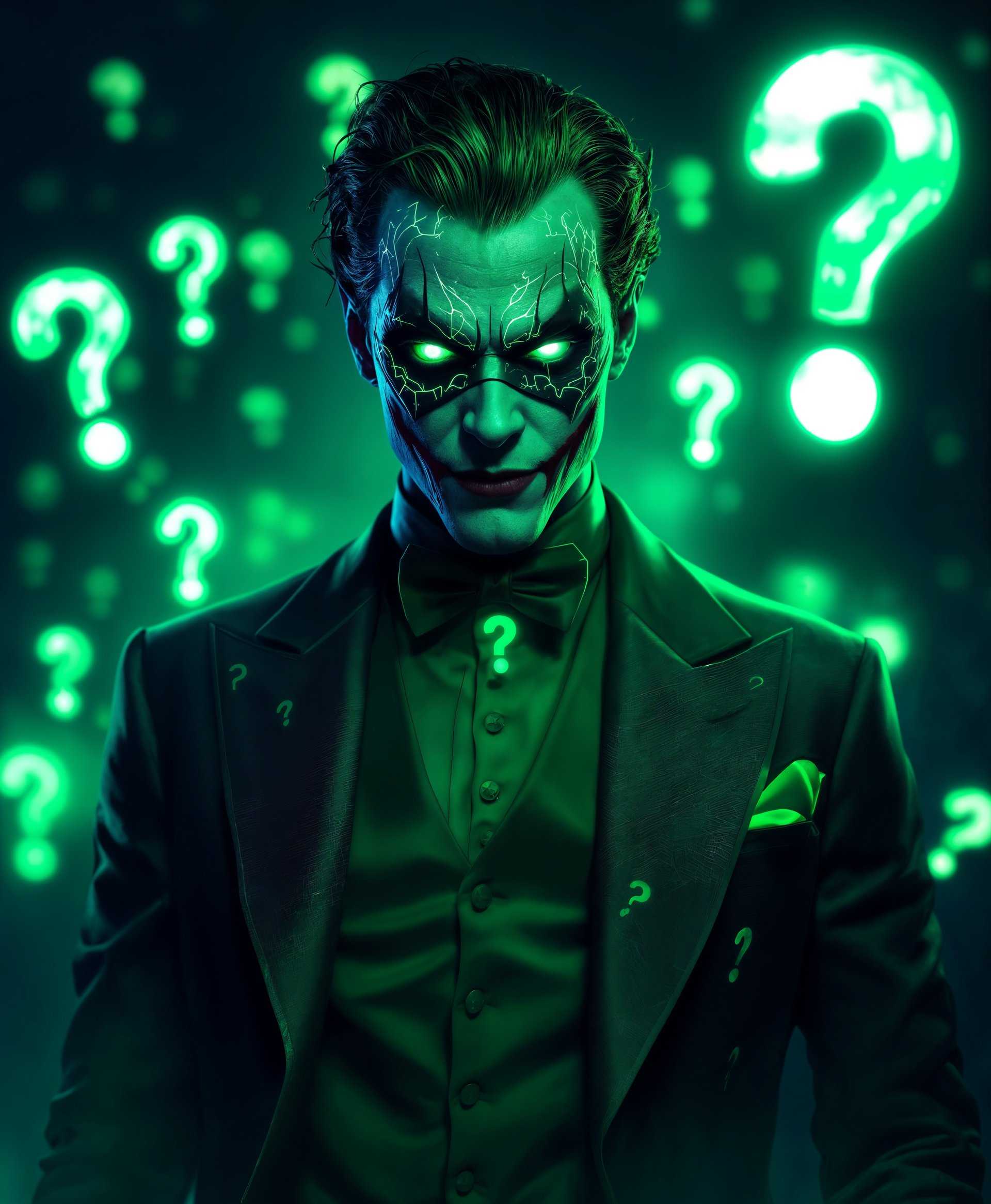 masterpiece, best quality, highres, sharp image, more detail, masterpiece, best quality, highres, sharp image, more detail, Create a hyper-realistic portrait of The Riddler from DC Comics, showcasing his powers in a visually striking manner:

**Visual Details:**
- **Riddler's Costume:** Emphasize the vivid green color of his suit, with question marks in a darker, contrasting green. The fabric should appear slick and slightly reflective, with an almost metallic sheen.
- **Mask:** His mask should have an eerie, otherworldly glow, with intricate, glowing question mark patterns.
- **Lighting:** Use dramatic chiaroscuro lighting with stark contrasts between light and shadow to enhance the mysterious aura around him.
- **Environment:** Surround him with floating, luminescent green question marks that cast an eerie light, creating a surreal atmosphere.

**Style:**
- **Artistic Influence:** Draw inspiration from the neo-noir style of films like "Sin City," with sharp lines, high contrast, and a focus on detail to amplify the comic book feel while maintaining a dark, gritty realism.
- **Photography Technique:** Employ a shallow depth of field, with the background blurred to focus intensely on The Riddler, making his face and costume stand out.

**Composition:**
- **Subject Positioning:** Center The Riddler in the frame, looking slightly off-camera as if he's just posed a riddle to someone out of view, his posture exuding confidence and enigma.
- **Camera Angle:** Use a low-angle shot to make him appear more imposing and powerful, enhancing his villainous persona.

**Mood and Atmosphere:**
- **Time of Day:** Set the scene at twilight, where the city lights begin to illuminate, adding to the mysterious and enigmatic mood.
- **Weather:** A slight mist or fog should be present, creating a soft focus around him, adding to the ethereal quality of his powers.

**Technical Aspects:**
- **Lens Flare:** Include subtle lens flares from the glowing question marks to add depth and highlight his supernatural abilities.
- **Focus:** Ensure the focus is razor-sharp on his face, particularly his eyes, which should gleam with cunning intelligence.

**Cohesion:** The scene should feel like a moment of revelation, where The Riddler's powers are on full display, captivating the viewer with his enigmatic presence and the surreal environment he commands.