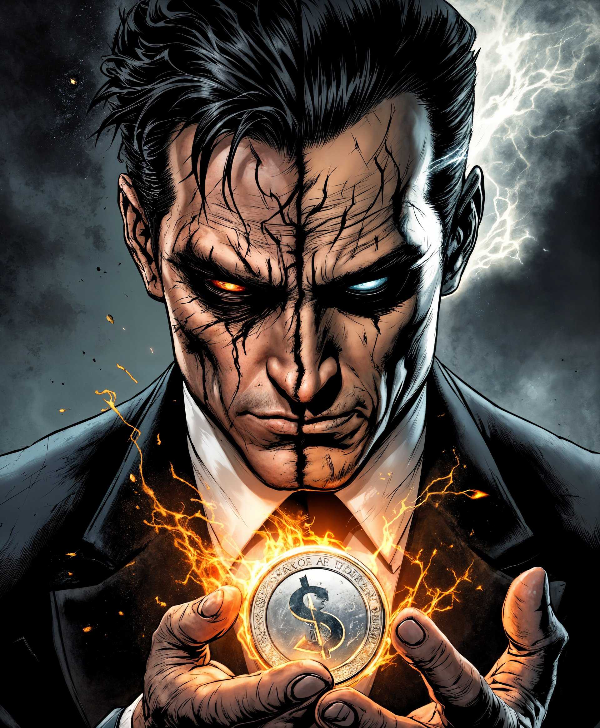 masterpiece, best quality, highres, sharp image, more detail, masterpiece, best quality, highres, sharp image, more detail, **Subject:** Two-Face from DC Comics, showcasing his dual nature and powers.

**Style:** Neo-noir comic book art with a touch of chiaroscuro lighting, reminiscent of Frank Miller's gritty and expressive style.

**Visual Details:**
- **Face:** One side of Two-Face's face is scarred, textured with deep grooves and burn marks, while the other side remains smooth, handsome, and unblemished. 
- **Costume:** Half his suit is pristine, tailored with a crisp white shirt and black tie, the other half is charred, ragged with burnt fabric hanging off.
- **Accessories:** A large, ornate coin, half silver and half black, held in his hand or flipping in the air, symbolizing his decision-making method. 
- **Powers:** Emanating from his hands or eyes, visible streams of energy or dark aura, suggesting his supernatural abilities or his inner turmoil.

**Composition:**
- **Framing:** Close-up portrait that frames Two-Face's face prominently, with the coin held up in the foreground, slightly out of focus to draw attention to his face.
- **Camera Angle:** Slightly tilted to add a sense of instability or madness, reflecting his psychological state.
- **Lighting:** Dramatic use of light and shadow to highlight the contrast between his two faces; one side illuminated, the other in darkness, with a spotlight effect on the coin.

**Mood and Atmosphere:**
- **Time of Day:** Night, with the city skyline in the background, reflecting the chaotic Gotham City.
- **Weather:** A thunderstorm brewing, with flashes of lightning occasionally illuminating the scene, enhancing the dramatic tension.
- **Emotion:** The image should convey a sense of inner conflict, duality, and the eternal struggle between good and evil.

**Technical Aspects:**
- **Depth of Field:** Shallow to keep the focus on Two-Face's face, with the background slightly blurred.
- **Color Palette:** Stark contrasts of black and white, with strategic uses of color to highlight the duality (e.g., his eyes or the coin).
- **Texture:** Emphasize the tactile quality of the fabric, skin, and the coin, making them appear tangible and real.

**Cohesion:** The portrait should not only capture Two-Face's physical appearance but also his internal struggle and the thematic elements of justice, chance, and chaos inherent in his character.