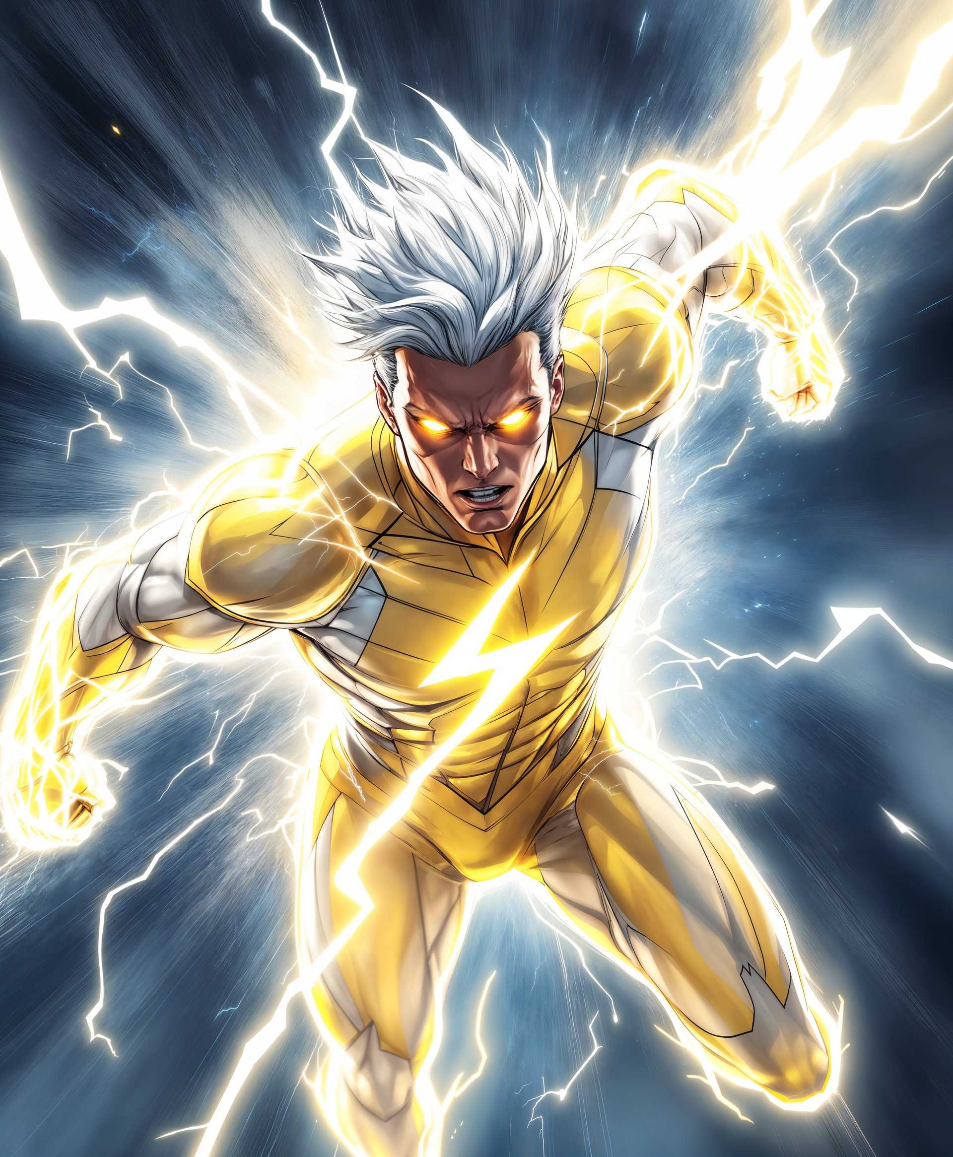 masterpiece, best quality, highres, sharp image, more detail, masterpiece, best quality, highres, sharp image, more detail, **Prompt:**

Create an awe-inspiring portrait of *Godspeed*, the notorious speedster from DC Comics, in action:

- **Character:** Godspeed, known for his lightning-fast abilities, should be the central figure, embodying the essence of speed and power.
  
- **Visual Details:** 
  - **Costume:** His iconic white and yellow costume with lightning bolt motifs should be intricately detailed, with shimmering, almost translucent textures that suggest speed.
  - **Speed Lines:** Incorporate dynamic lines of motion, giving the impression of lightning and energy swirling around him.
  - **Lighting:** High-contrast lighting with sharp, dramatic shadows to enhance his menacing yet mesmerizing aura.

- **Artistic Style:** Adopt a fusion of comic book art with a slight nod to Futurism, emphasizing movement and speed through abstract and geometric forms.

- **Composition:** 
  - **Framing:** Tight framing focusing on his upper body and face, capturing his intense gaze and the blur of motion around him.
  - **Camera Angle:** Low angle shot to give him a towering, imposing presence, enhancing his superhuman stature.

- **Mood and Atmosphere:** 
  - **Mood:** The portrait should convey a sense of awe, danger, and unpredictability, with an underlying current of supernatural speed.
  - **Time of Day:** Dusk, with a backdrop of a city skyline, the lights of which blur due to his speed, creating a surreal, otherworldly environment.

- **Technical Aspects:** 
  - **Focus:** Use selective focus to keep Godspeed sharp while the background is in motion blur, emphasizing his speed.
  - **Color Palette:** Utilize a cool, electric color scheme with pops of bright yellow to highlight his lightning and speed lines.

- **Cohesion:** Ensure that all elements work together to portray Godspeed as both a formidable and captivating character, with the environment reflecting his superhuman abilities.