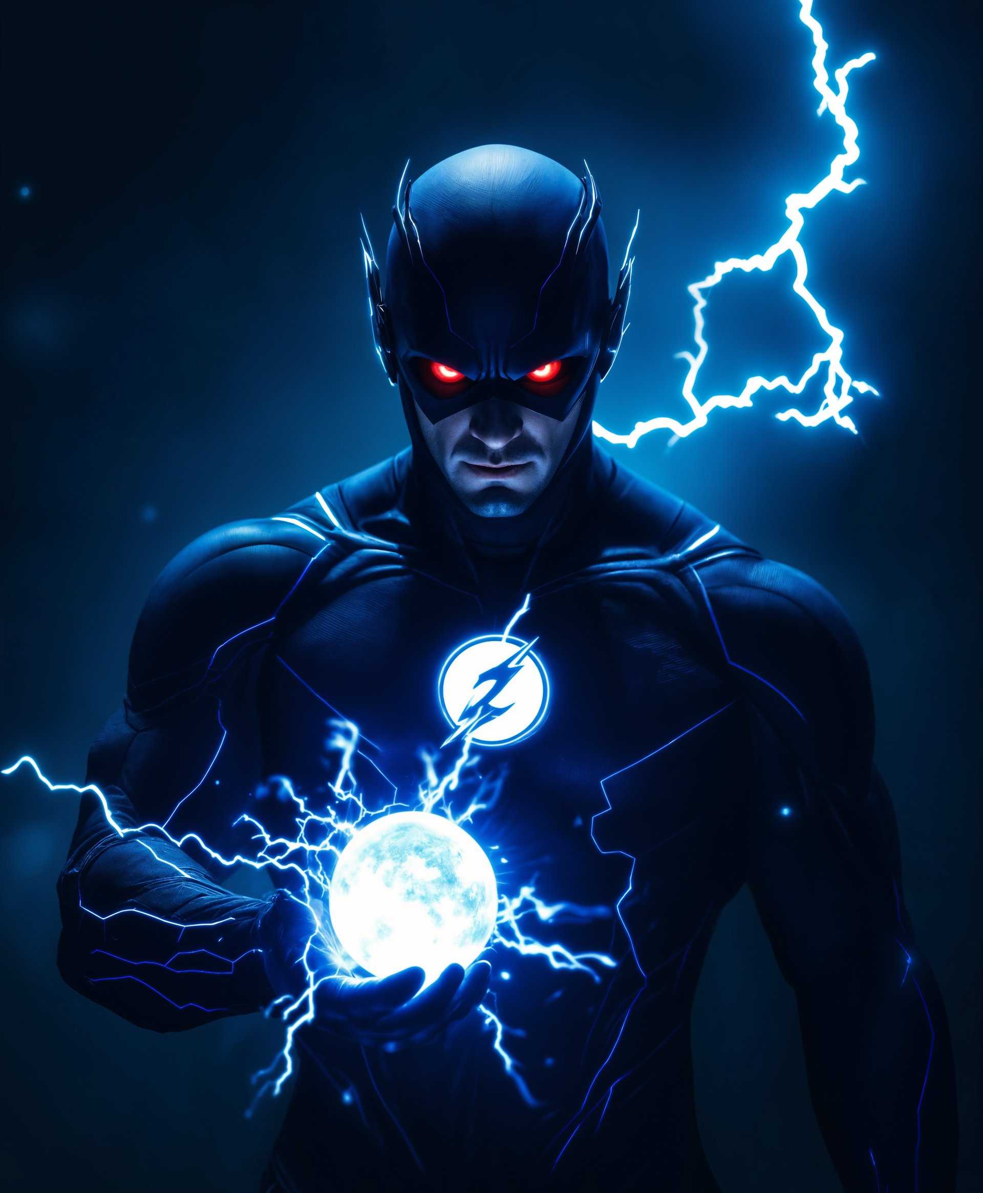 masterpiece, best quality, highres, sharp image, more detail, masterpiece, best quality, highres, sharp image, more detail, A **dark portrait** of an **evil speedster**, his figure dominating the frame with an **aura of malevolence**. His **eyes** gleam with a **sinister red light**, reflecting his **stolen powers** from Barry Allen. The **texture** of his costume is **sleek and form-fitting**, emphasizing his **muscular build**, with **vibrant, electric blue lines** tracing along his suit, indicating his **super speed**. 

**Lighting**: The scene is illuminated by a **single, harsh spotlight** from above, casting **sharp shadows** that enhance the **foreboding atmosphere**. The background is **void-like**, suggesting a **realm beyond time**, where shadows and light interplay to create an **eerie, otherworldly ambiance**. 

**Composition**: The speedster is **centered**, with his **body slightly turned** to give a dynamic sense of movement, his **arms stretched out**, one hand holding a **glowing blue orb** symbolizing Barry's powers. The **camera angle** is **slightly low**, giving him a **menacing, towering presence**.

**Artistic Style**: The image is rendered in a **hyper-realistic style** with **high contrast**, reminiscent of **film noir photography**, where **chiaroscuro** techniques are used to highlight the **villainous nature** of the speedster.

**Mood**: The atmosphere is **tense and foreboding**, with an **undercurrent of danger**, capturing the **evil essence** of the speedster who has usurped the hero's powers. The **silence** of the scene is almost palpable, broken only by the **faint crackle** of his energy, creating a **sense of impending doom**.
