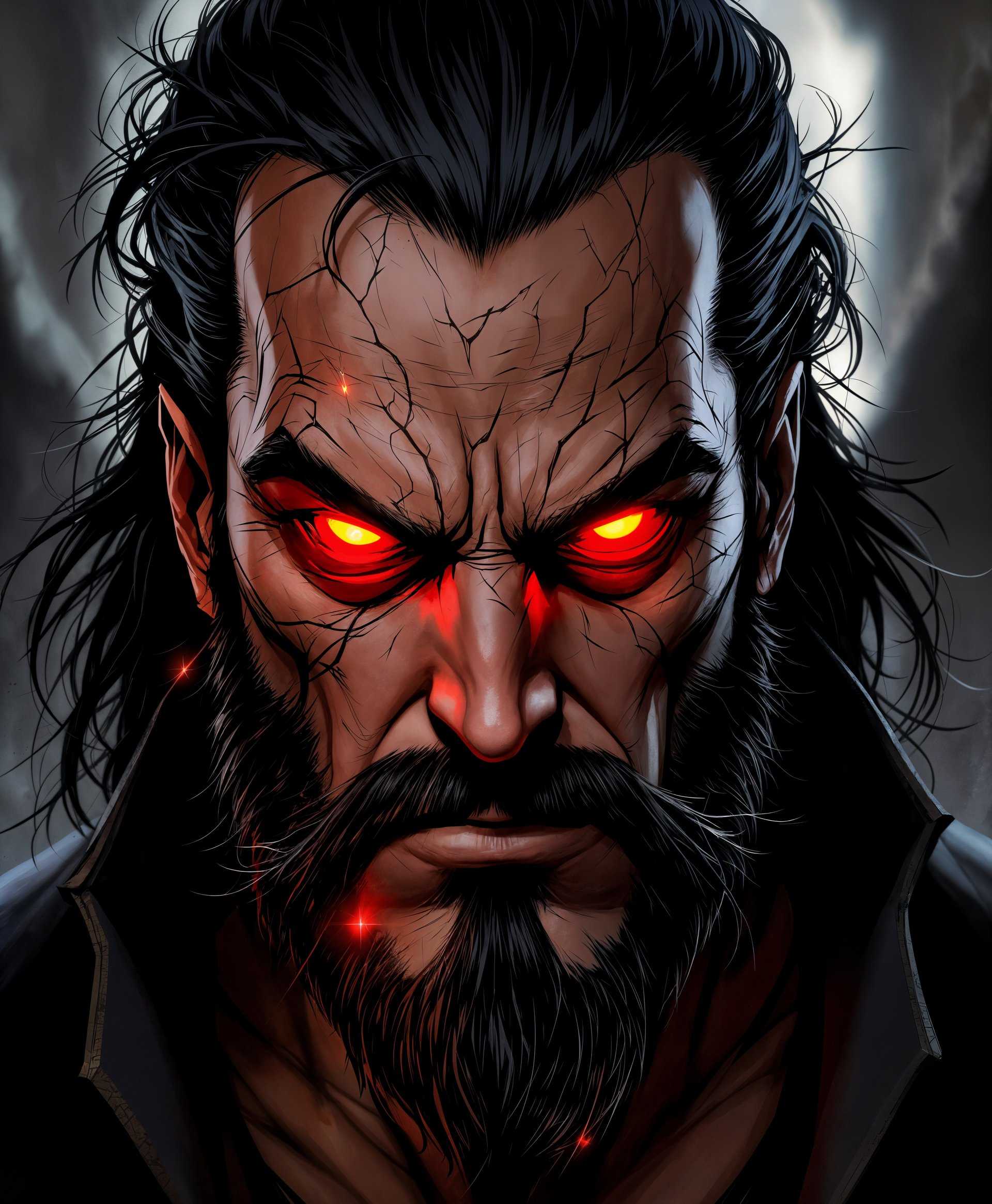 masterpiece, best quality, highres, sharp image, more detail, masterpiece, best quality, highres, sharp image, more detail, **Prompt:**

Portrait of Vandal Savage from DC Comics, showcasing his formidable powers:

- **Subject:** Vandal Savage, depicted as an imposing figure with a commanding presence. His facial features are sharp and rugged, exuding centuries of experience and wisdom. His eyes glow with a hint of red, symbolizing his immortality and the dark energy coursing through him.

- **Visual Details:**
  - **Texture:** His skin has a weathered, almost stone-like texture, with subtle cracks and crevices that hint at his ancient origins. His hair is wild, unkempt, and dark, adding to his savage persona.
  - **Colors:** Dominant palette of dark reds, blacks, and deep browns to reflect his malevolent nature, contrasted with bright, glowing red eyes and subtle hints of gold, representing his power and wealth.
  - **Lighting:** Dramatic chiaroscuro lighting with harsh shadows, enhancing the contrast and making his features stand out with a menacing intensity.

- **Artistic Style:** Inspired by the dark, gritty style of Greg Capullo's artwork, combined with the intense realism of Alex Ross's portraiture, capturing the essence of Vandal Savage in a way that feels both comic book and hyper-realistic.

- **Composition:**
  - **Framing:** Close-up portrait, focusing on his face and upper torso, with his iconic mace subtly visible in one hand, slightly out of focus in the foreground.
  - **Camera Angle:** Low angle to make him appear larger than life, emphasizing his dominance.
  - **Subject Positioning:** He looks directly at the viewer, with a slight tilt of the head, suggesting both confrontation and challenge.

- **Mood and Atmosphere:** 
  - **Feeling:** The image radiates a sense of danger, power, and timelessness. 
  - **Ambiance:** A backdrop of darkness, perhaps with faint silhouettes of ruins or ancient symbols, suggesting his long history.
  - **Time of Day:** Twilight, where the light is fading, enhancing the mysterious and ominous mood.

- **Technical Aspects:** 
  - **Focus:** Sharp focus on his eyes to draw attention to his supernatural powers.
  - **Depth of Field:** Shallow depth of field to blur the background, making Vandal Savage the undeniable focal point.
  - **Shadows and Highlights:** High contrast to create an almost 3D effect, with deep shadows under his eyes and cheekbones, and highlights catching the edges of his face to highlight his menacing features.

- **Cohes