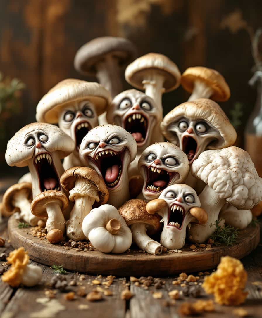 Create an ultra-realistic, high-definition image of a variety of mushrooms artfully arranged on a rustic, wooden cutting board. The mushrooms should be depicted with meticulous detail, showcasing different species with varied textures like the gills of portobellos, the caps of button mushrooms, and the wrinkled appearance of chanterelles. Each mushroom is animated, with faces contorted in expressions of panic and terror, mouths wide open as if screaming. 

- **Artistic Style**: Photorealism with elements of surrealism to capture the mushrooms' human-like expressions.
- **Lighting**: Use soft, natural lighting to enhance the realism, with highlights and shadows that accentuate the textures of both the mushrooms and the cutting board.
- **Color Palette**: Earthy tones for the mushrooms, ranging from deep browns to creamy whites, with a wooden backdrop in warm, aged browns. The contrast should highlight the vividness of the mushrooms' 'screams'.
- **Composition**: Position the cutting board centrally, with the mushrooms spread out in a dynamic, yet natural arrangement. The camera angle should be slightly overhead, capturing the entirety of the scene while focusing on the individual expressions of the mushrooms.
- **Mood and Atmosphere**: An unsettling yet humorous atmosphere, as if the viewer has stumbled upon an unexpected scene of mushroom panic. The mood is light-hearted yet slightly eerie, with the ambient sounds of forest and kitchen blending in the background.
- **Technical Aspects**: Employ techniques like depth of field to blur the background slightly, focusing the viewer's attention on the mushrooms. Use high-resolution rendering to capture every detail from the wood grain of the cutting board to the fine details of the mushrooms' 'screams'.

Ensure all elements coalesce into a single, believable scene that blends the surreal with the mundane.