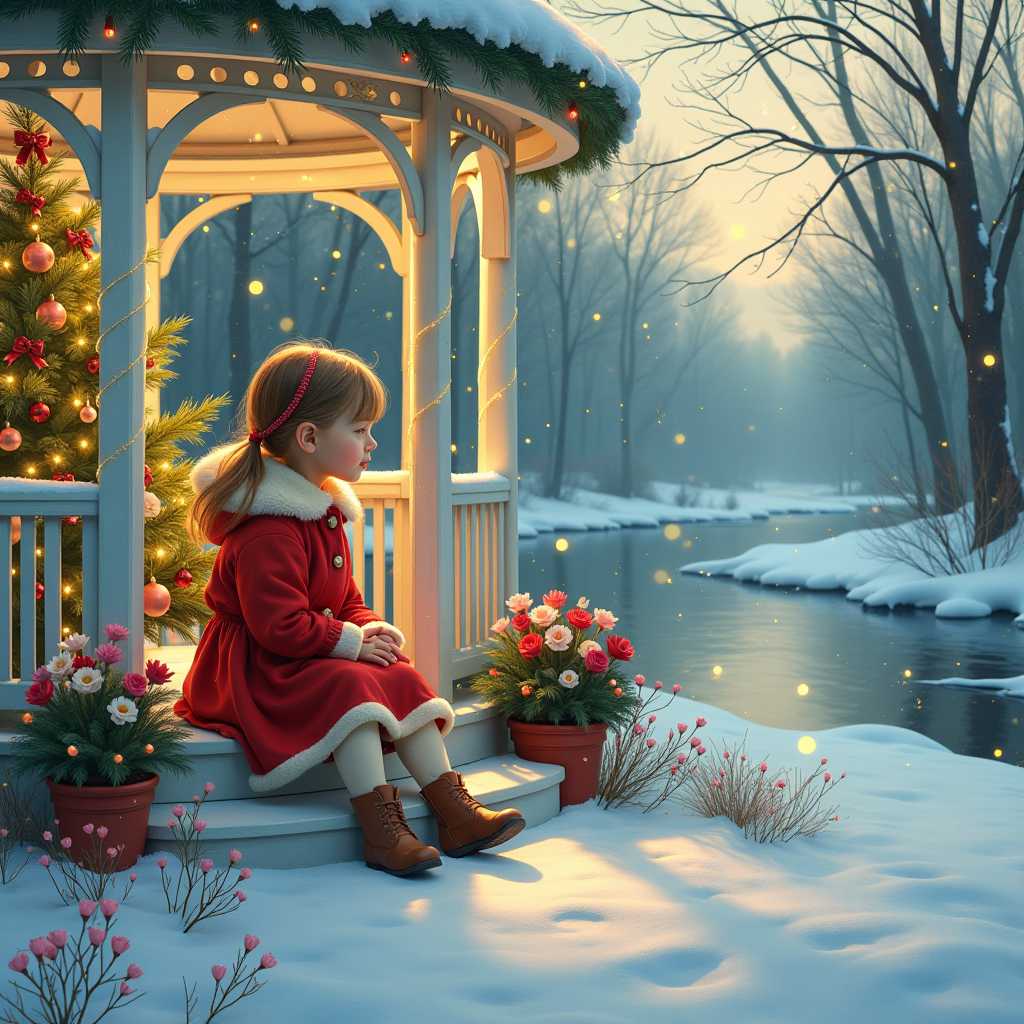 A magical acrylic ,little girl, wisp light brown hair braided in the back, wearing a red and cream coat, leggings, boots sitting on the steps of the gazebo , a white gazebo decorated for Christmas flowers in pots by steps, fairy lights, a decorated sparkling glitter Christmas tree presents and a clear definition of a cat inside gazebo. woods, few sprig of red, pink and white flowers, river in a distance, vibrant in ultra Detailed Style, Winter Atmosphere, BG.