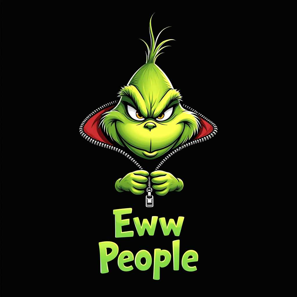 CGI image of the Grinch's head inside of an opening zipper with his hand on the zipper pull at the bottom. The text 'Eww People' in a Green Dr. Suess font is written. solid black background.