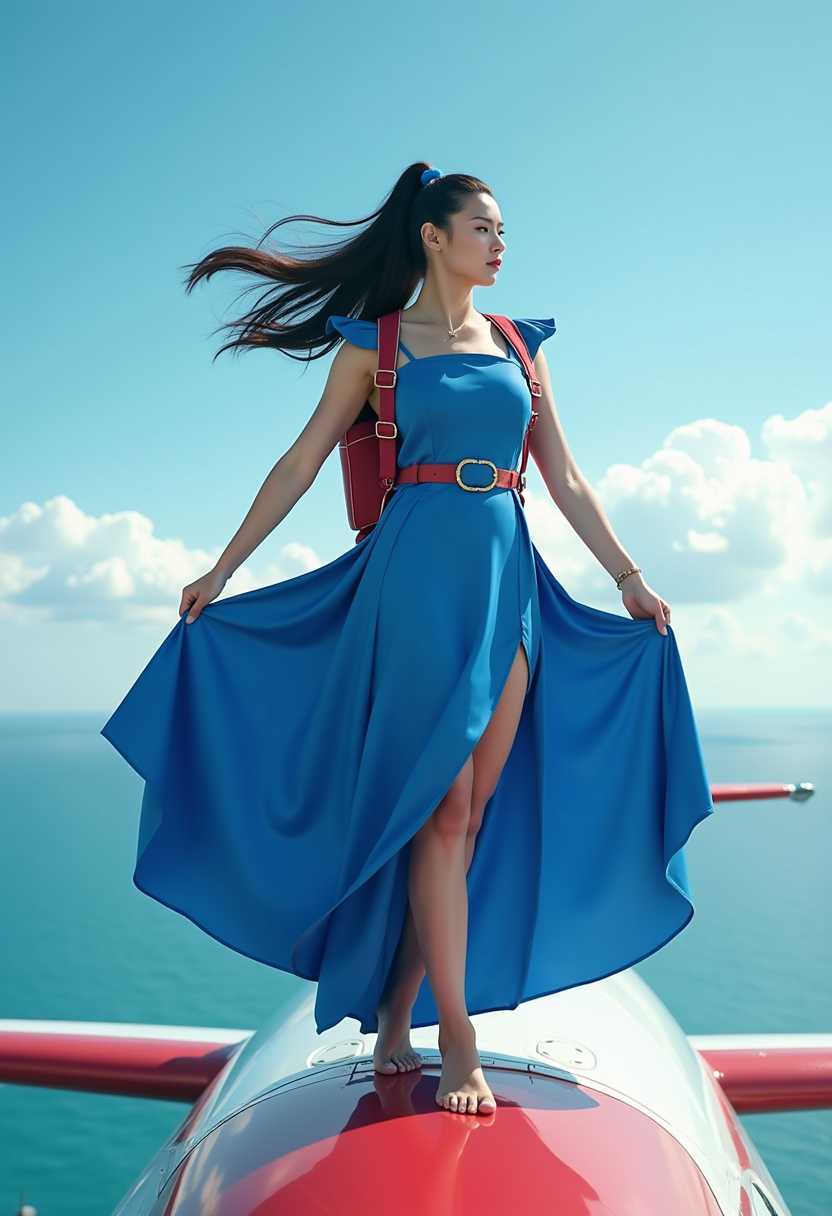 a woman cosplay Chun-Li dress blue outfit chun-li standing on the roof of a flying airplane, adjusting her skirt blown by the wind. Her hair flows wildly in the strong wind, a parachute strapped to her shoulders. Below, the vast South China Sea stretches with clear blue waters and scattered clouds in the background.