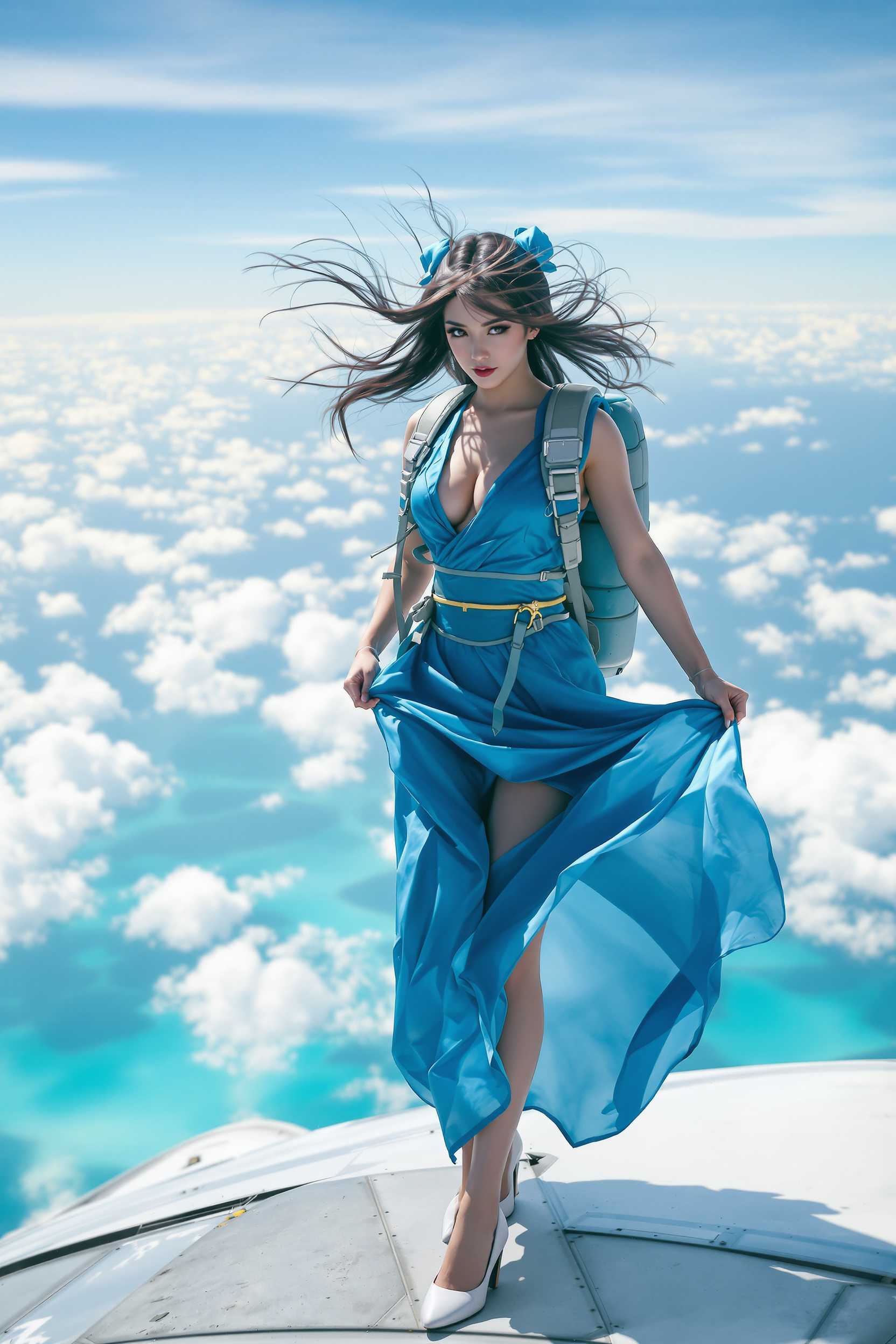 a woman cosplay Chun-Li dress blue outfit chun-li standing on the roof of a flying airplane, adjusting her skirt blown by the wind. Her hair flows wildly in the strong wind, a parachute strapped to her shoulders. Below, the vast South China Sea stretches with clear blue waters and scattered clouds in the background.
