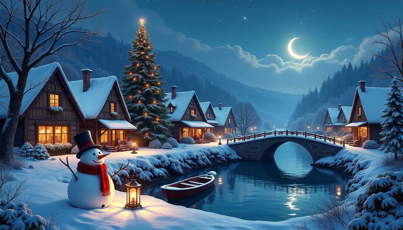 A magical winter village scene at night, blanketed in snow. The village features half-timbered houses adorned with snow, warmly lit from within, creating a cozy atmosphere. A serene river flows through the village, with small boats docked along its banks, and a stone bridge arches over the river, leading to the village center. In the background, there's a large, decorated Christmas tree, adding a festive touch. The night sky is filled with stars and a crescent moon, casting a magical glow over the scene. In the foreground, a cheerful snowman with a top hat and scarf stands next to a lantern, enhancing the festive and inviting atmosphere. The composition should be highly detailed, with deep colors and intricate elements, capturing the serene beauty and charm of a winter night in an 8k resolution, with incredible lighting and a recent, aesthetic look