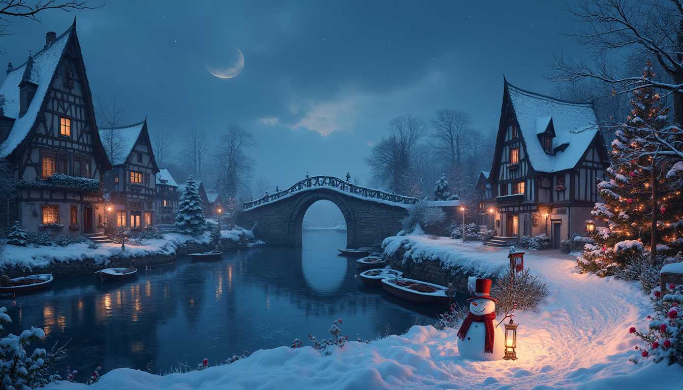 A magical winter village scene at night, blanketed in snow. The village features half-timbered houses adorned with snow, warmly lit from within, creating a cozy atmosphere. A serene river flows through the village, with small boats docked along its banks, and a stone bridge arches over the river, leading to the village center. In the background, there's a large, decorated Christmas tree, adding a festive touch. The night sky is filled with stars and a crescent moon, casting a magical glow over the scene. In the foreground, a cheerful snowman with a top hat and scarf stands next to a lantern, enhancing the festive and inviting atmosphere. The composition should be highly detailed, with deep colors and intricate elements, capturing the serene beauty and charm of a winter night in an 8k resolution, with incredible lighting and a recent, aesthetic look