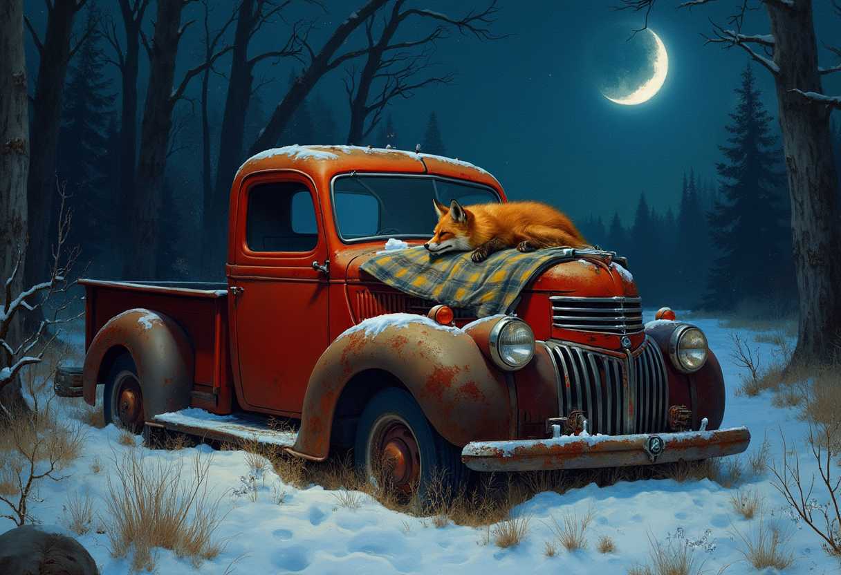 hyperrealism alcohol oil illustration. an old red rusted pickup truck abandoned in the woods. night, crescent moon, stars, snow. a fox asleep on an old blanket on the hood of the truck.