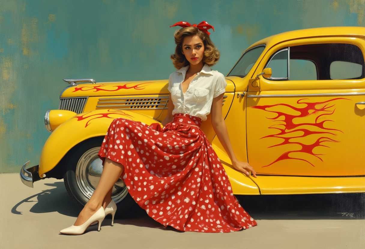 Boris Vallejo pin up art style a beautiful woman in Rockabilly , American diner shabby chic style sitting on a yellow hot rod Ford with flames painted on , wearing white shoes, a red with a white poodle full skirt past the knees and a white button oxford shirt.Red lipstick flirty smile and a red handkerchief tied in her hair..artist marked by MS please leave it.