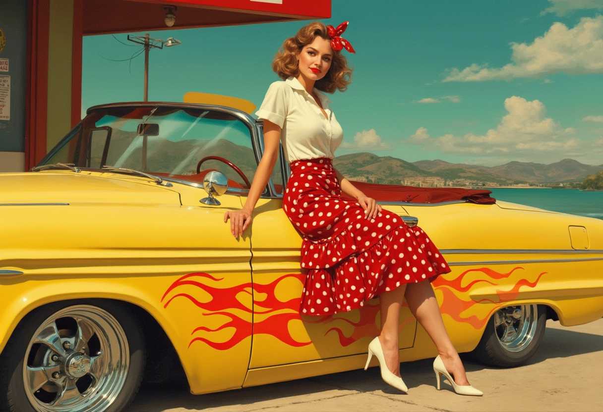 Boris Vallejo pin up art style a beautiful woman in Rockabilly , American diner shabby chic style sitting on a yellow hot rod Ford with flames painted on , wearing white shoes, a red with a white poodle full skirt past the knees and a white button oxford shirt.Red lipstick flirty smile and a red handkerchief tied in her hair..artist marked by MS please leave it.