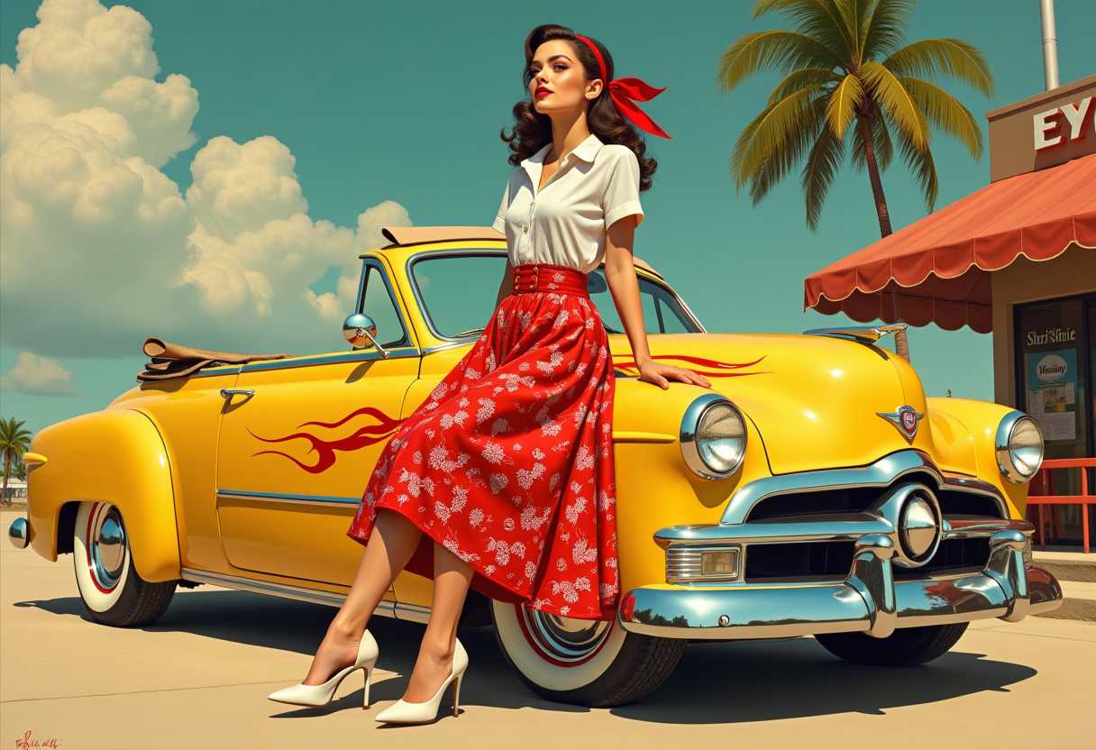 Boris Vallejo pin up art style a beautiful woman in Rockabilly , American diner shabby chic style sitting on a yellow hot rod Ford with flames painted on , wearing white shoes, a red with a white poodle full skirt past the knees and a white button oxford shirt.Red lipstick flirty smile and a red handkerchief tied in her hair..artist marked by MS please leave it.